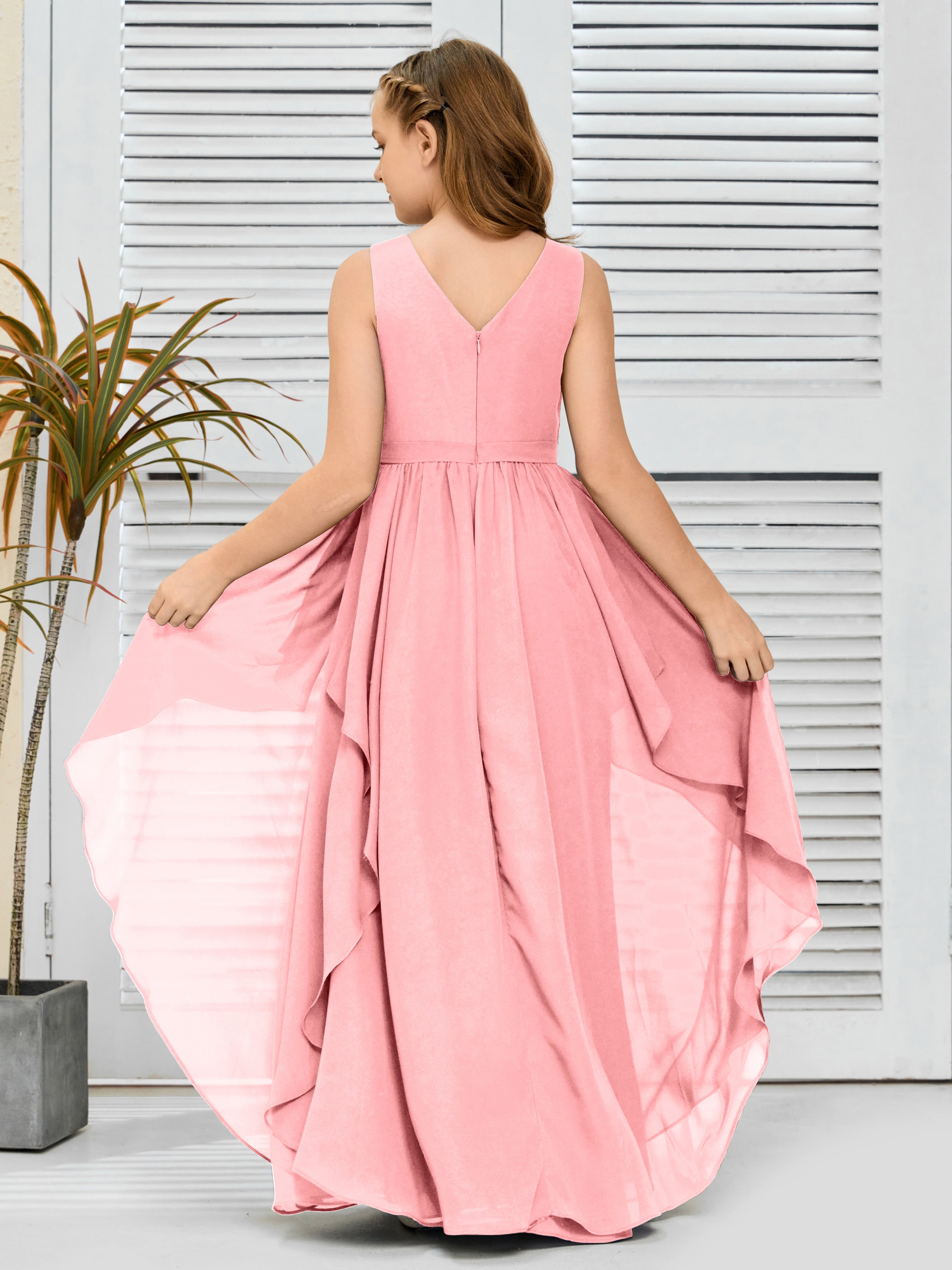 V-Neck Sleeveless Chiffon Junior Bridesmaid Dress