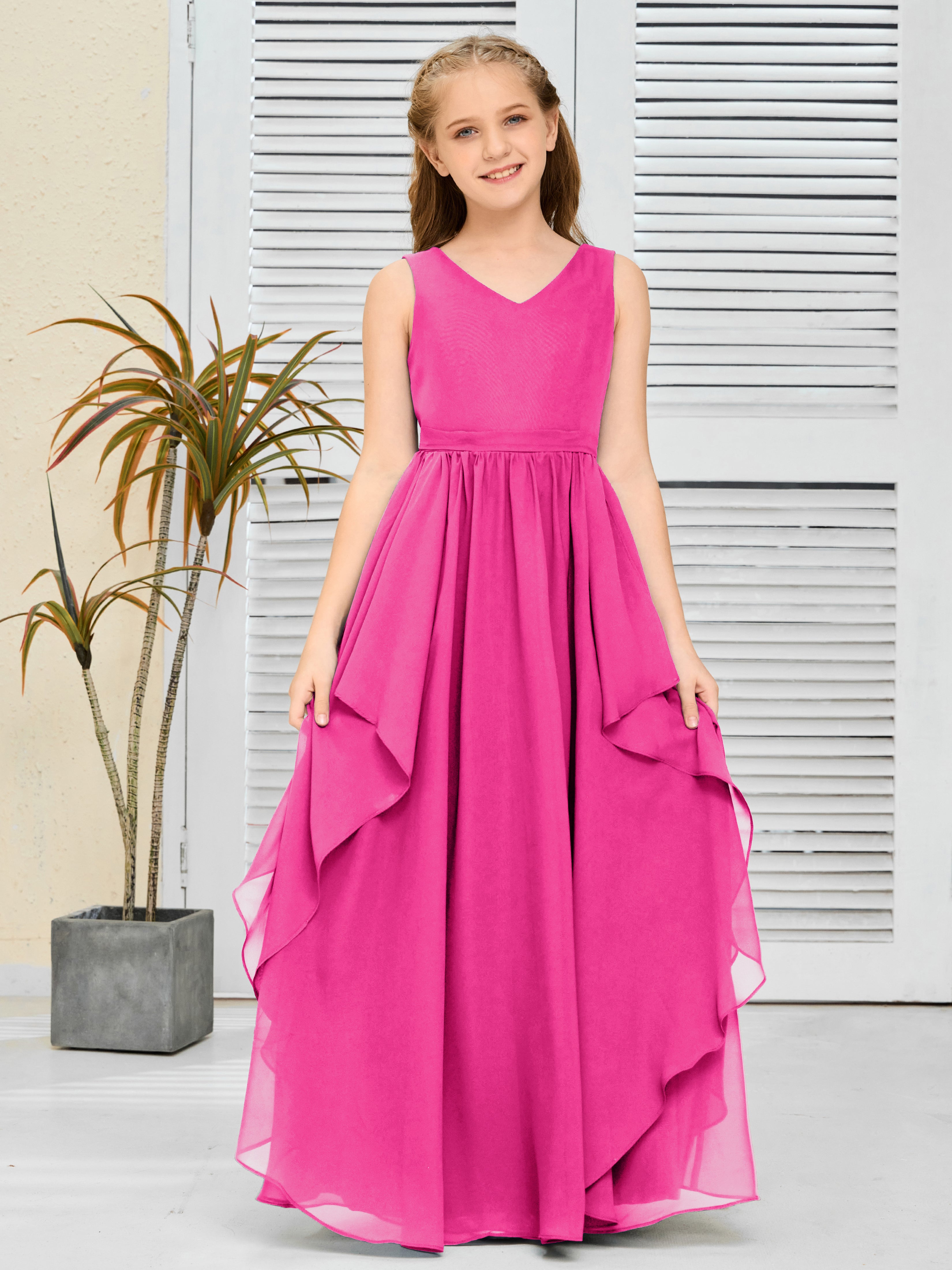 V-Neck Sleeveless Chiffon Junior Bridesmaid Dress