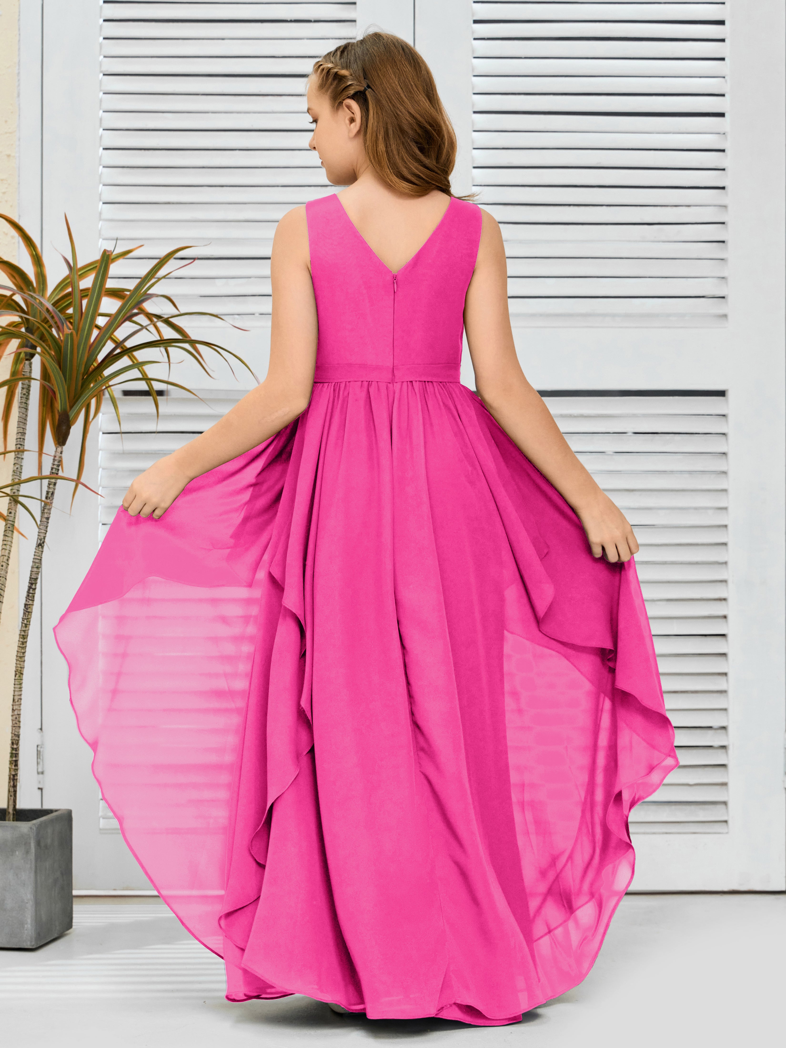 V-Neck Sleeveless Chiffon Junior Bridesmaid Dress