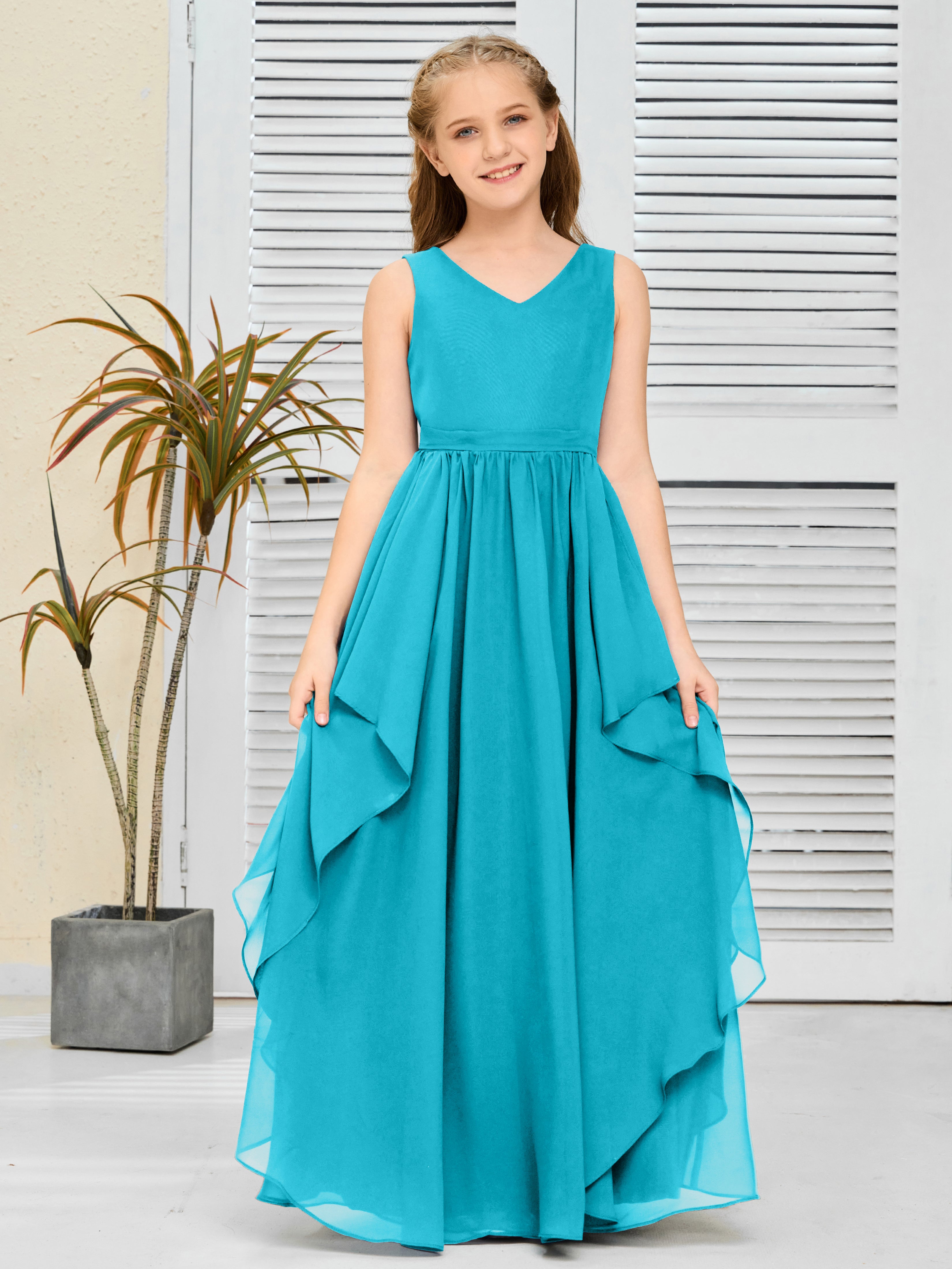 V-Neck Sleeveless Chiffon Junior Bridesmaid Dress