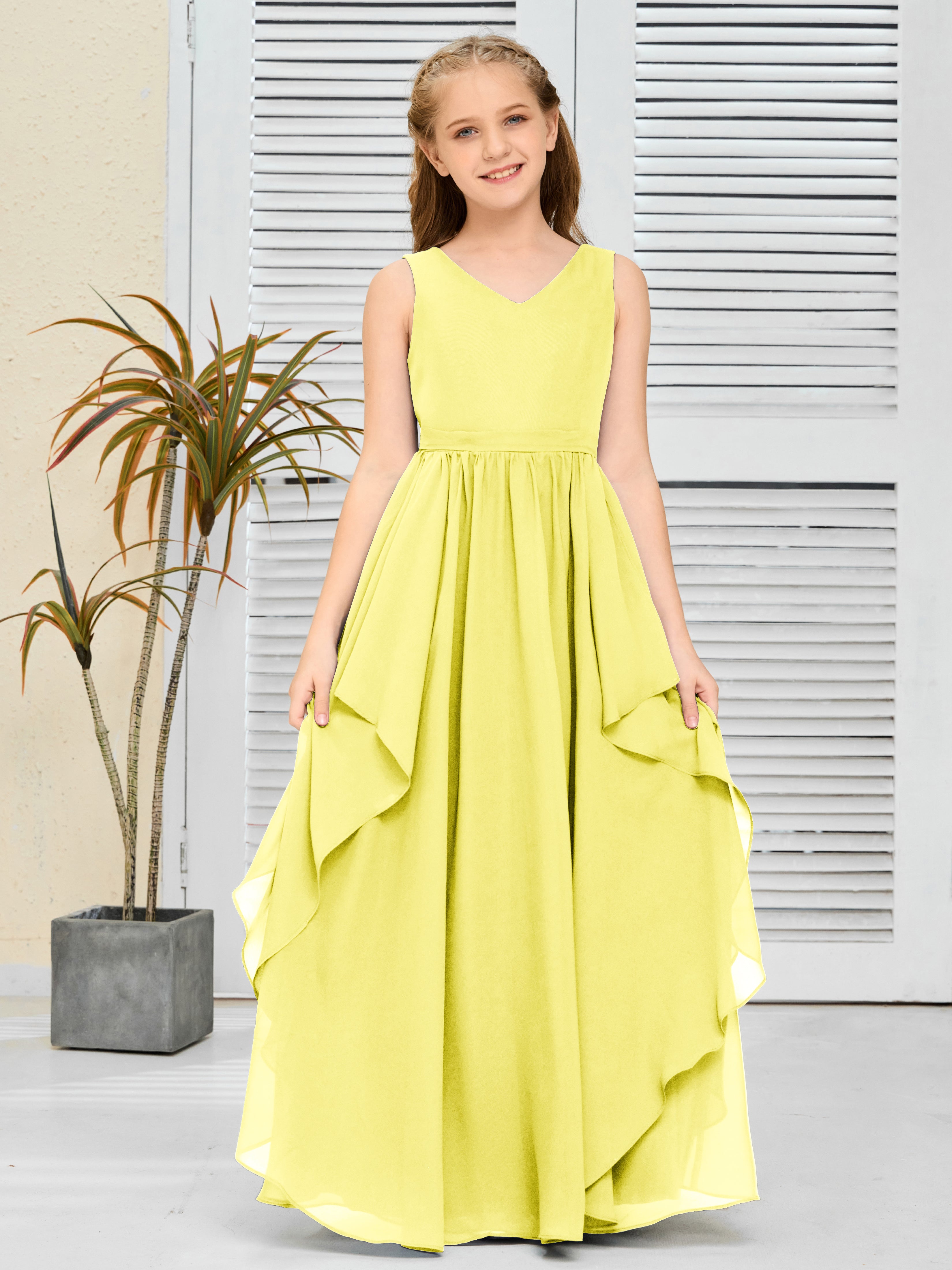 V-Neck Sleeveless Chiffon Junior Bridesmaid Dress