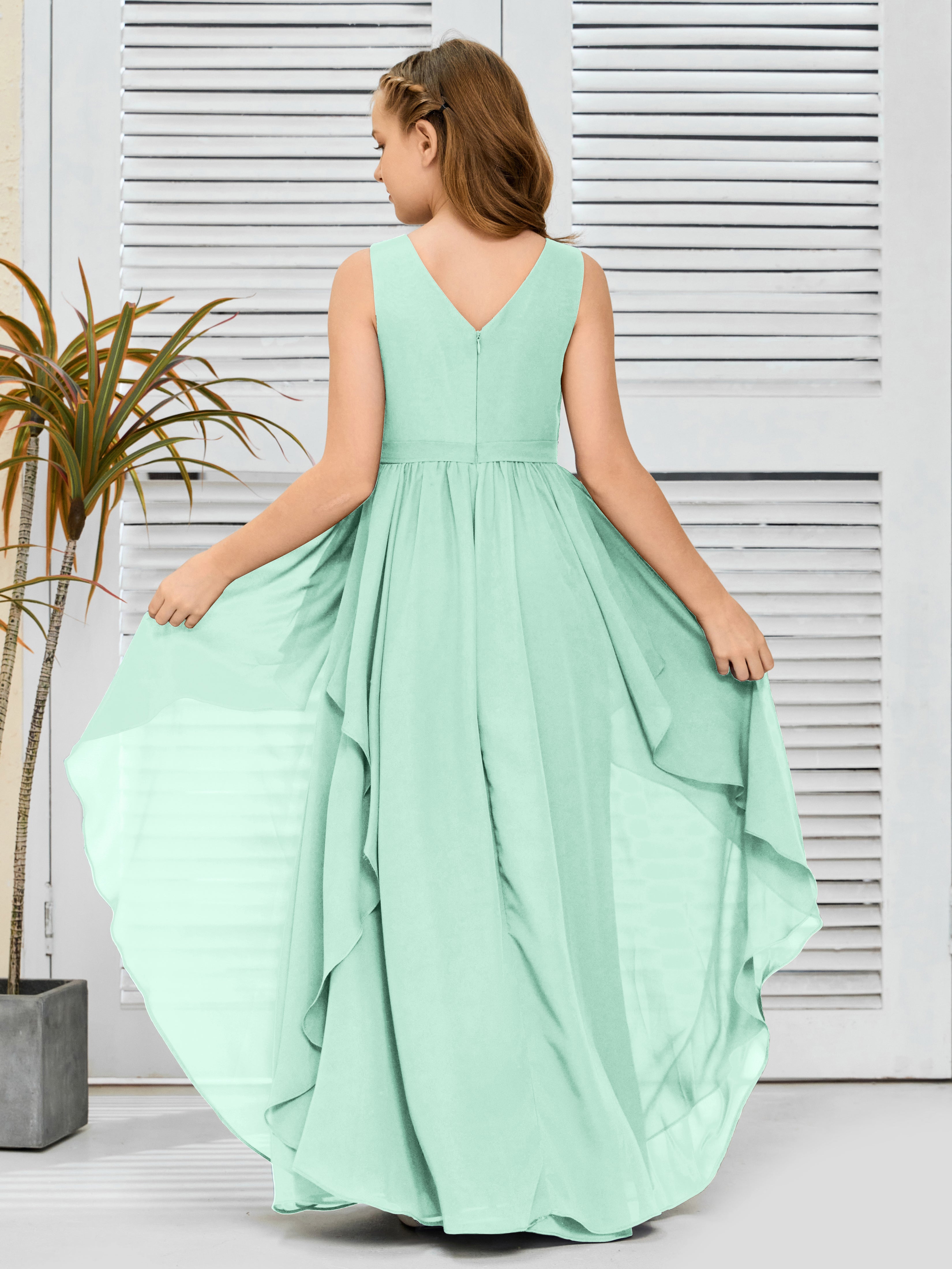 V-Neck Sleeveless Chiffon Junior Bridesmaid Dress