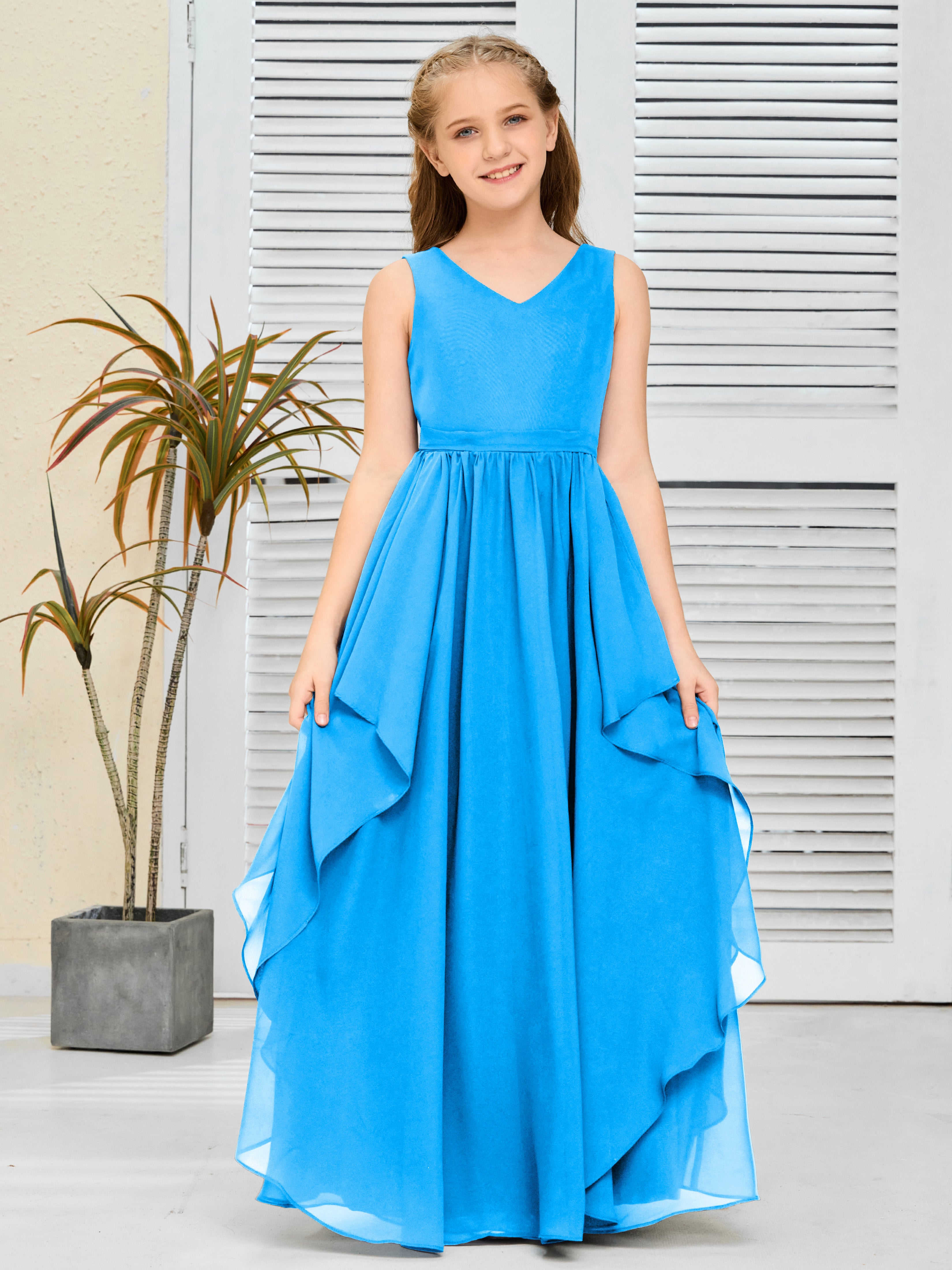 V-Neck Sleeveless Chiffon Junior Bridesmaid Dress