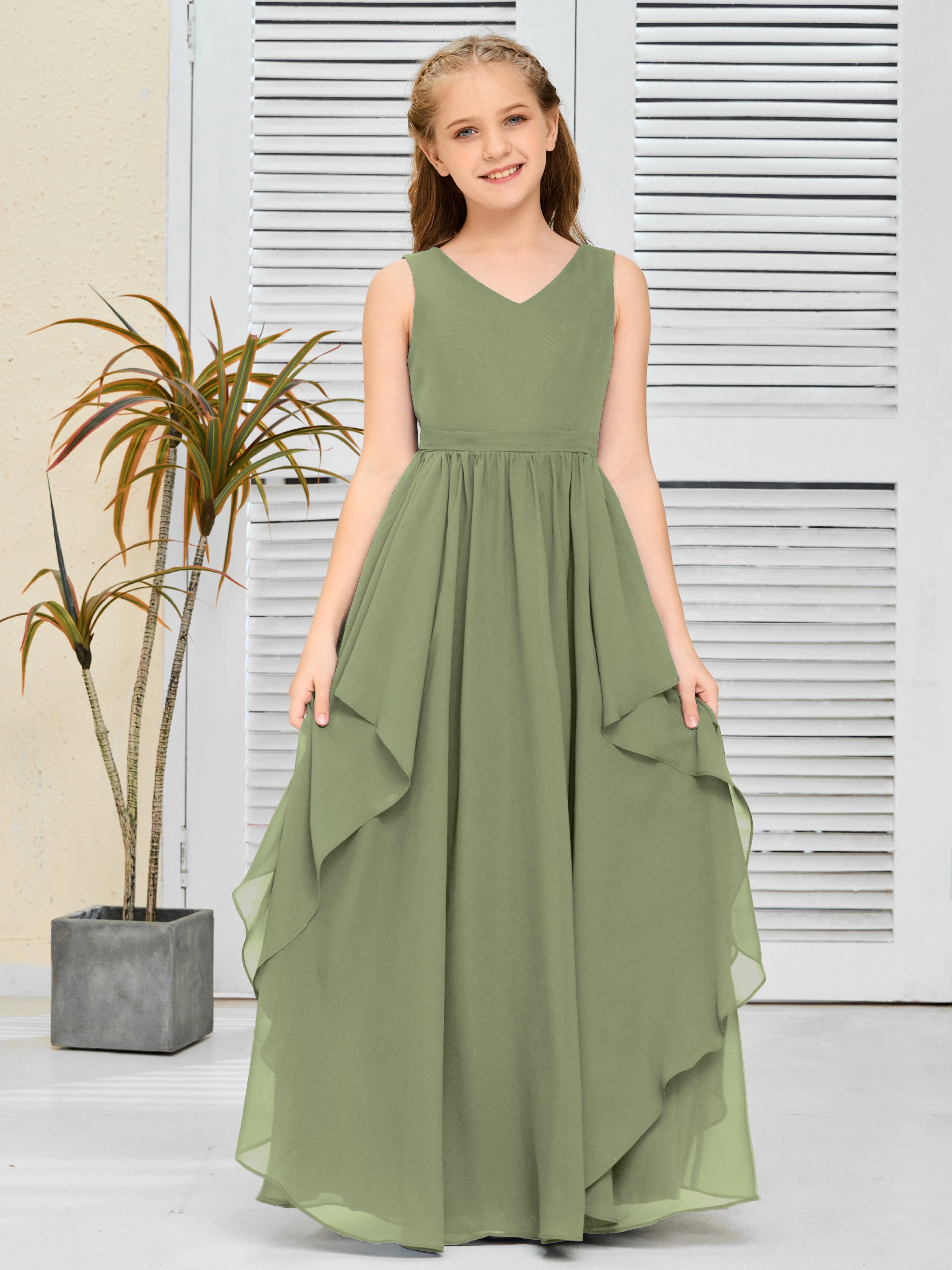 V-Neck Sleeveless Chiffon Junior Bridesmaid Dress