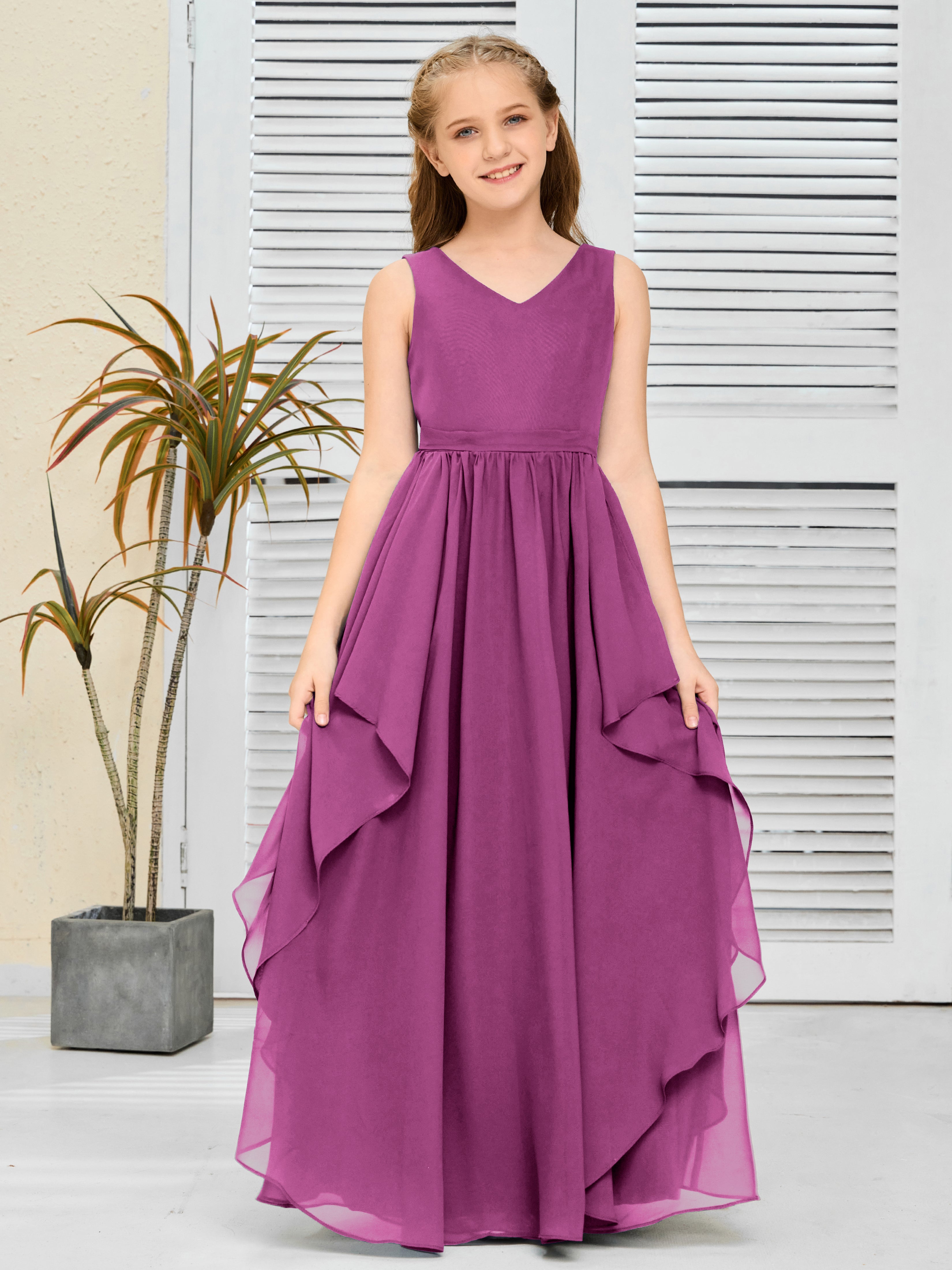 V-Neck Sleeveless Chiffon Junior Bridesmaid Dress