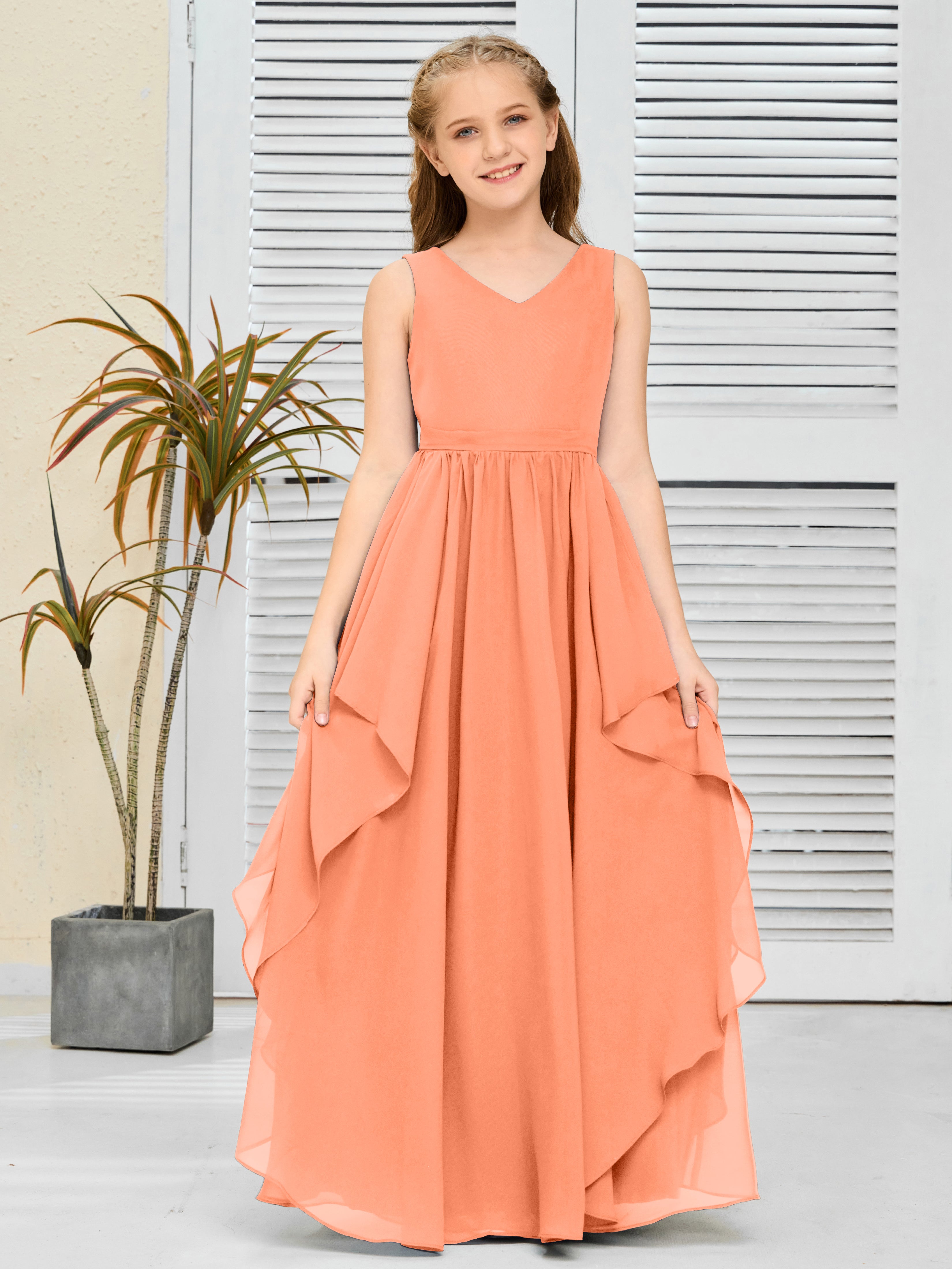 V-Neck Sleeveless Chiffon Junior Bridesmaid Dress