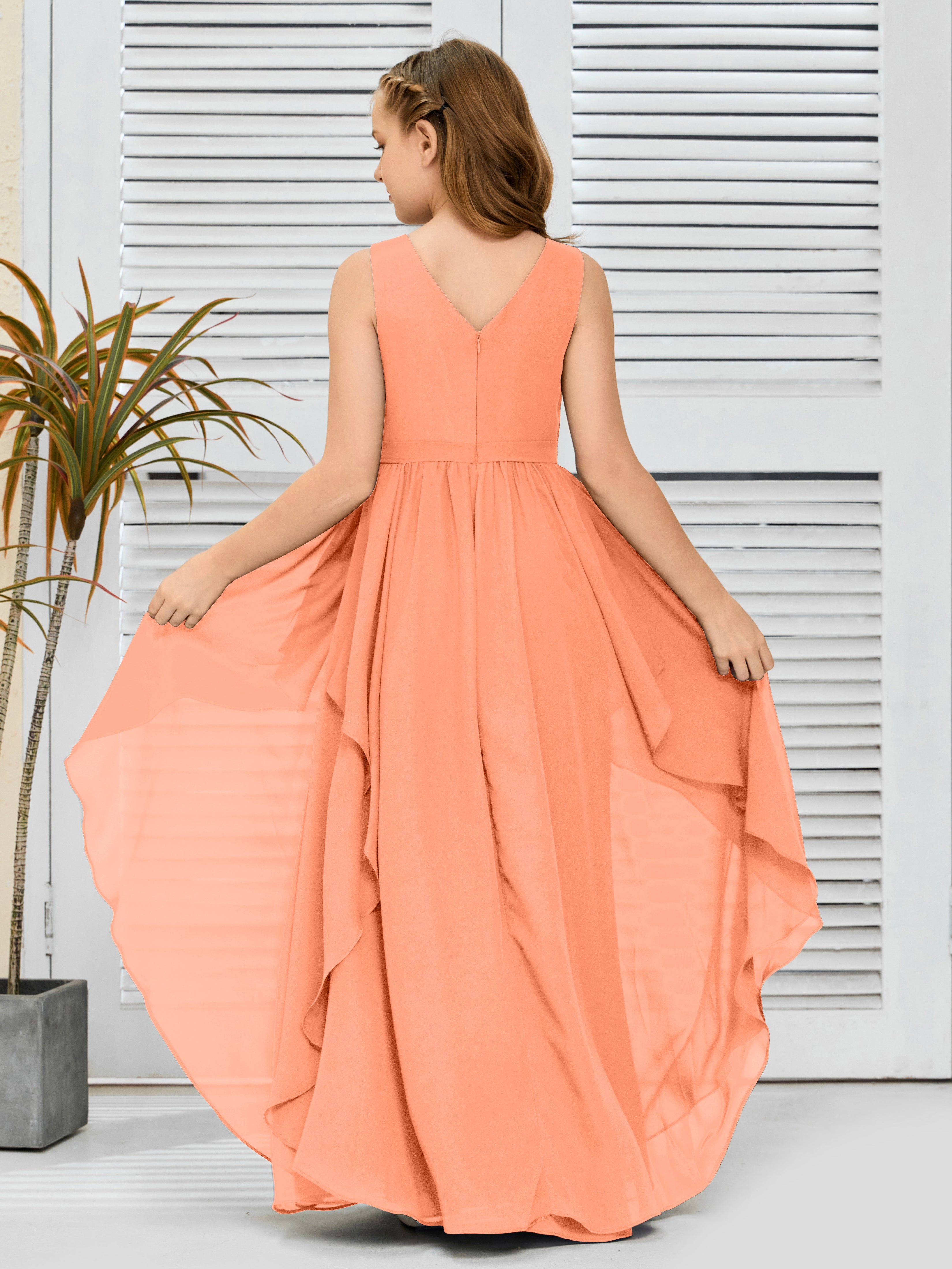 V-Neck Sleeveless Chiffon Junior Bridesmaid Dress