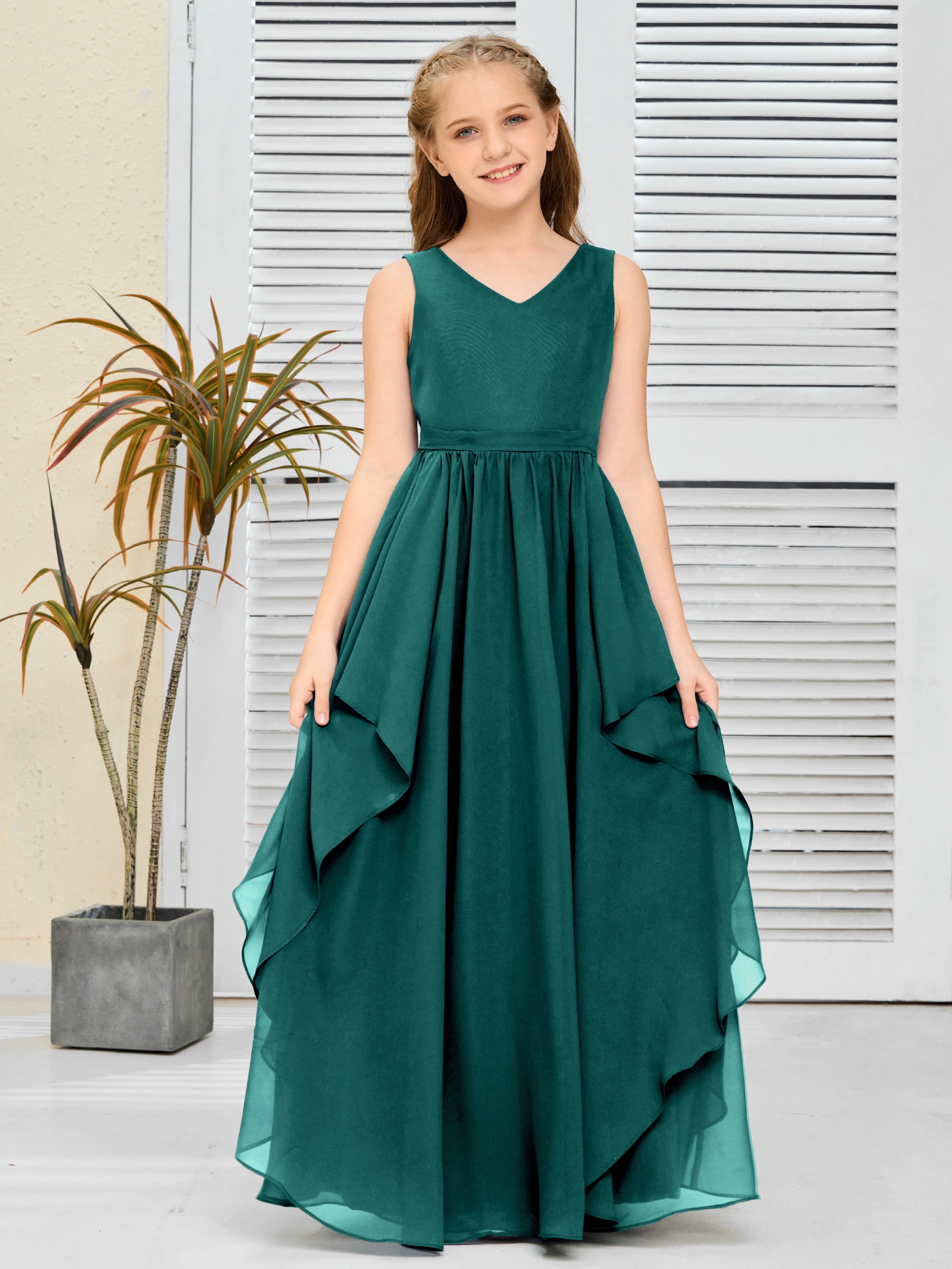 V-Neck Sleeveless Chiffon Junior Bridesmaid Dress