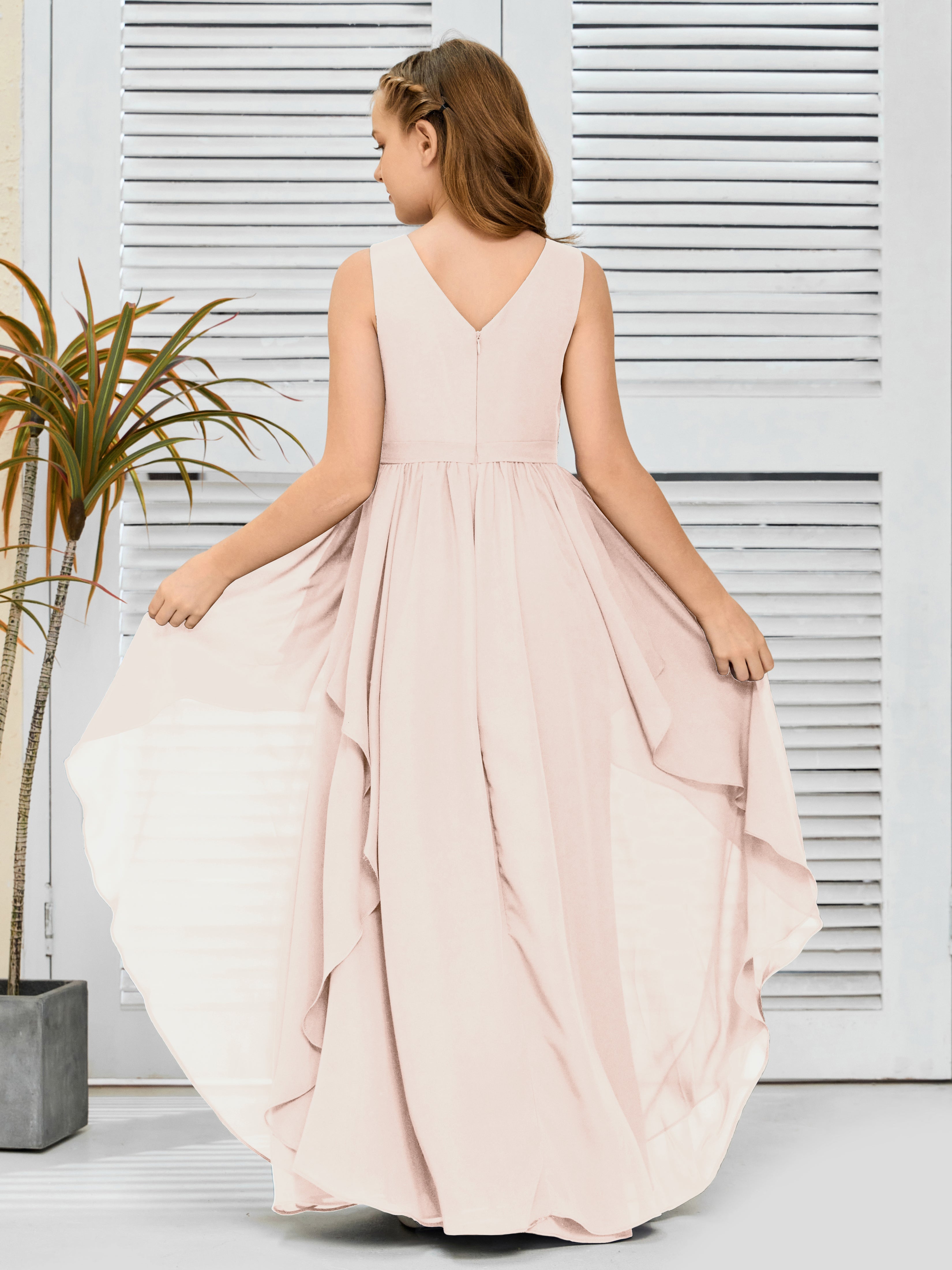 V-Neck Sleeveless Chiffon Junior Bridesmaid Dress