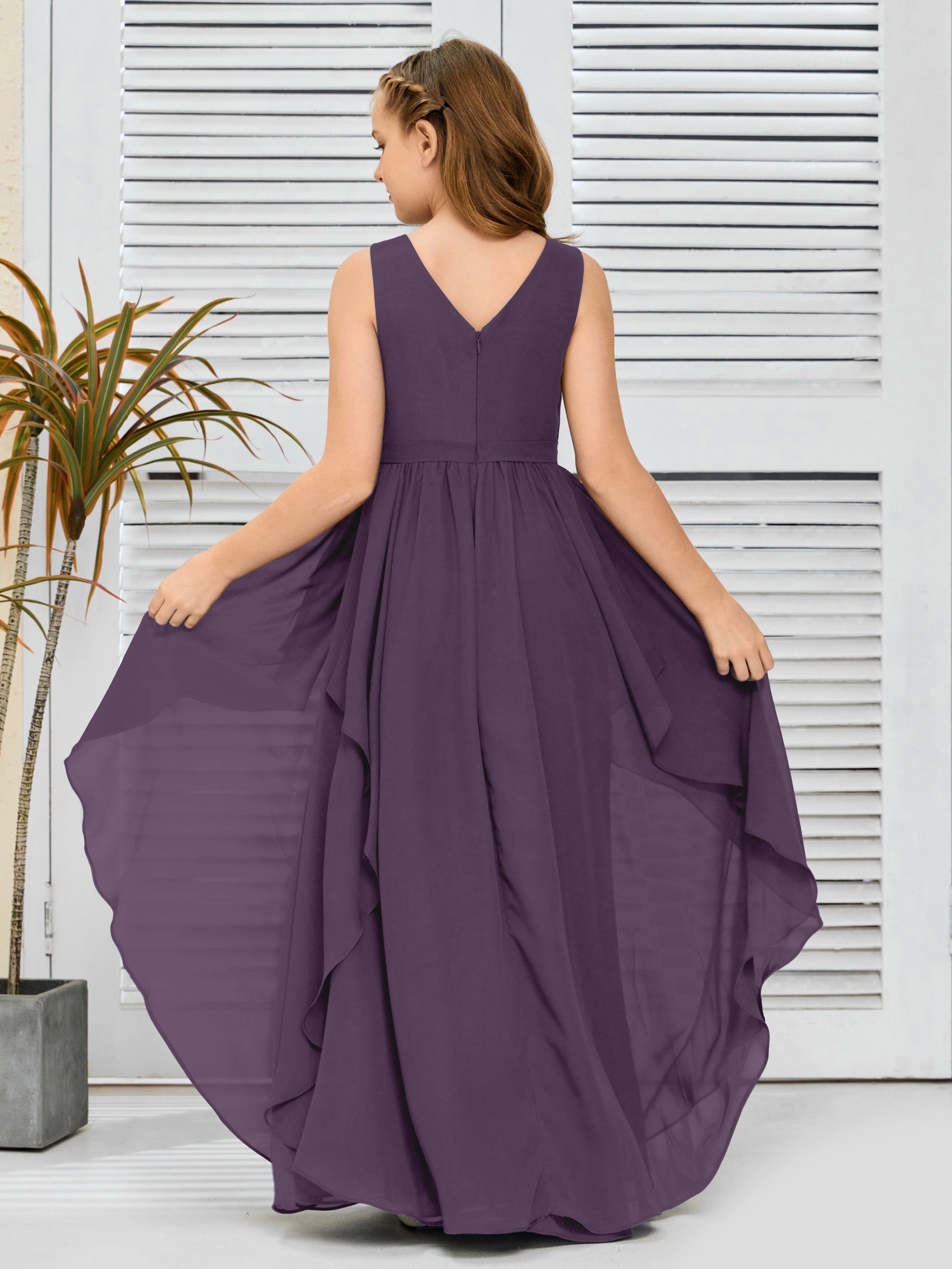 V-Neck Sleeveless Chiffon Junior Bridesmaid Dress