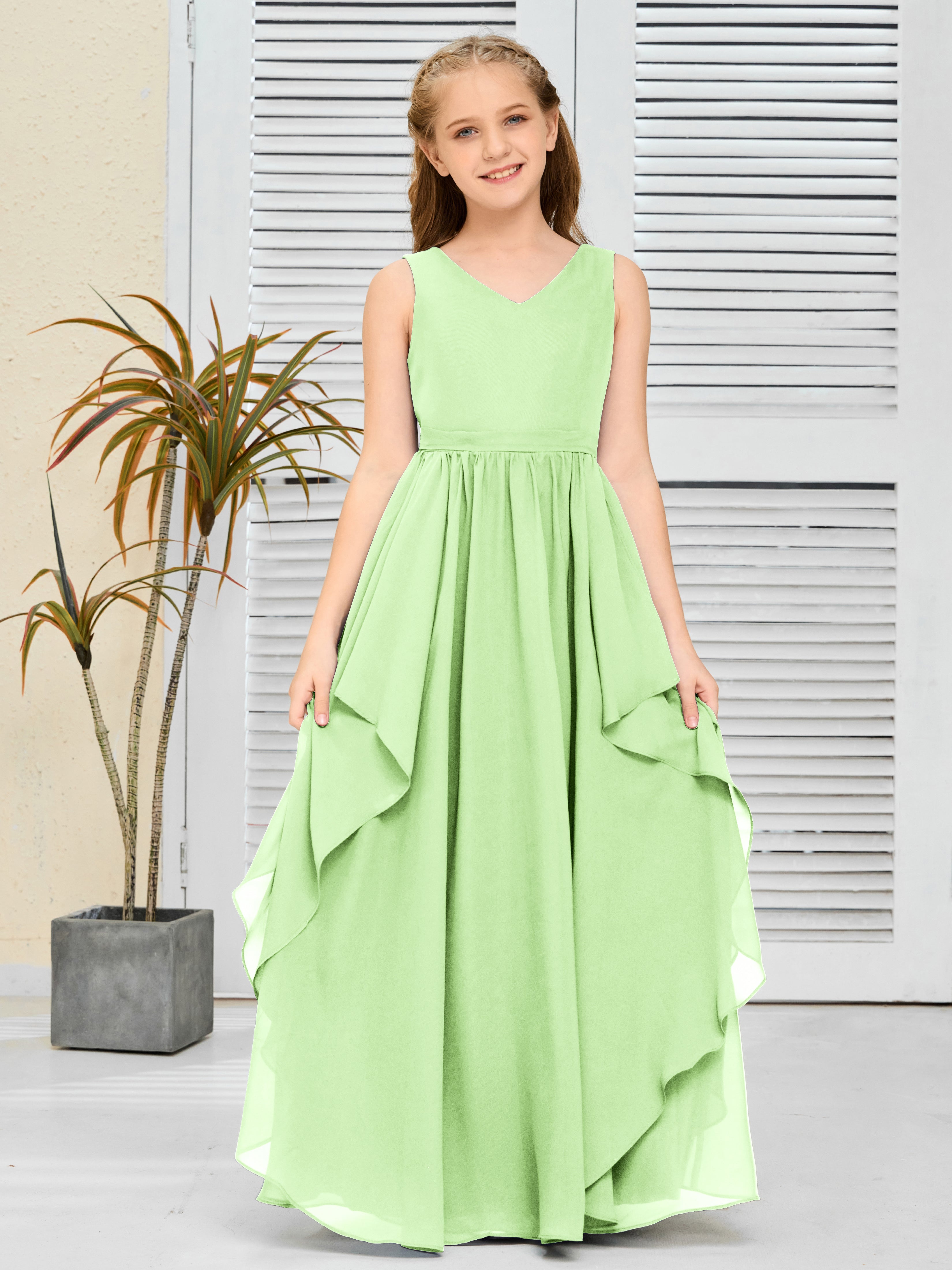 V-Neck Sleeveless Chiffon Junior Bridesmaid Dress