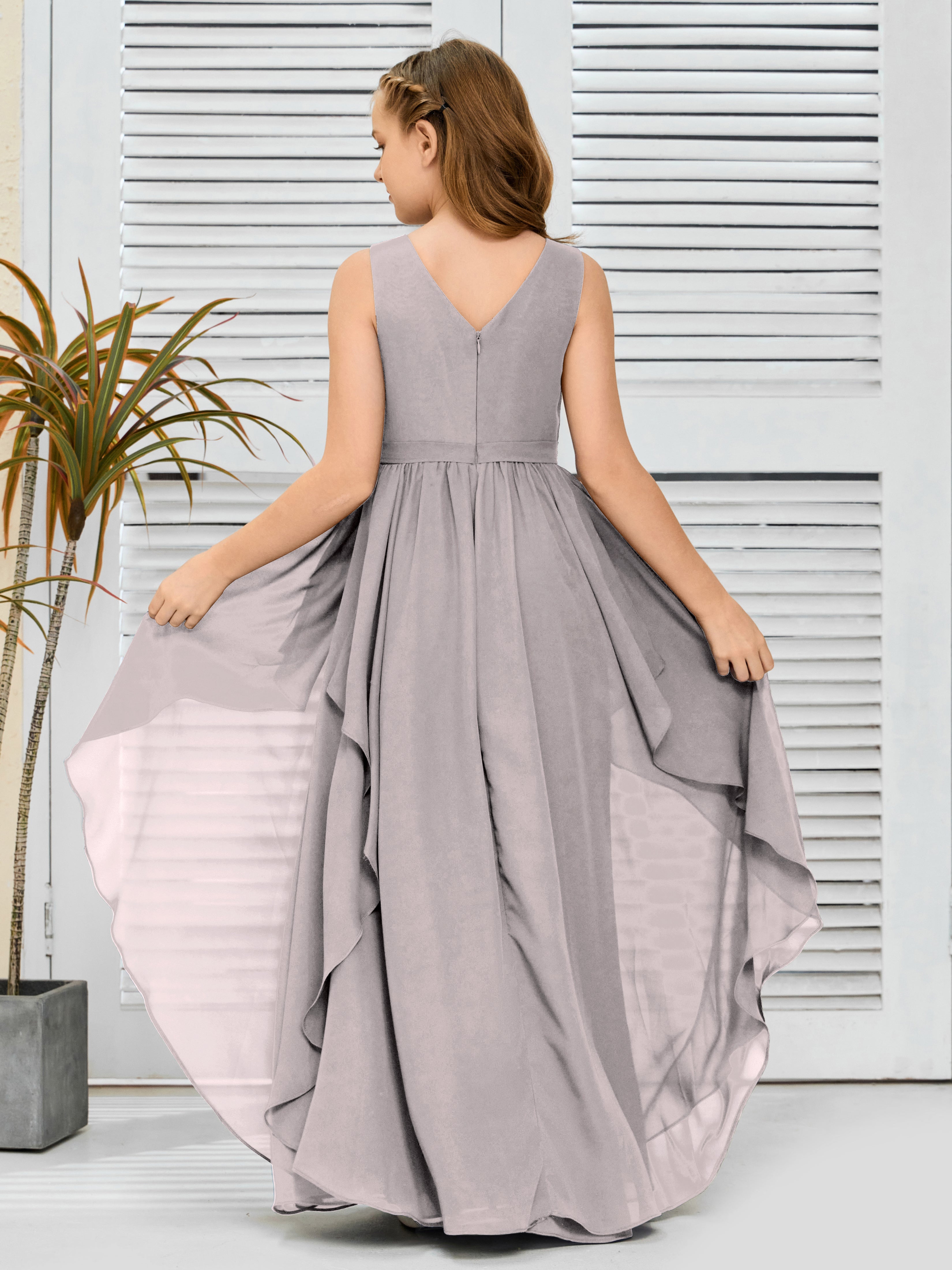 V-Neck Sleeveless Chiffon Junior Bridesmaid Dress