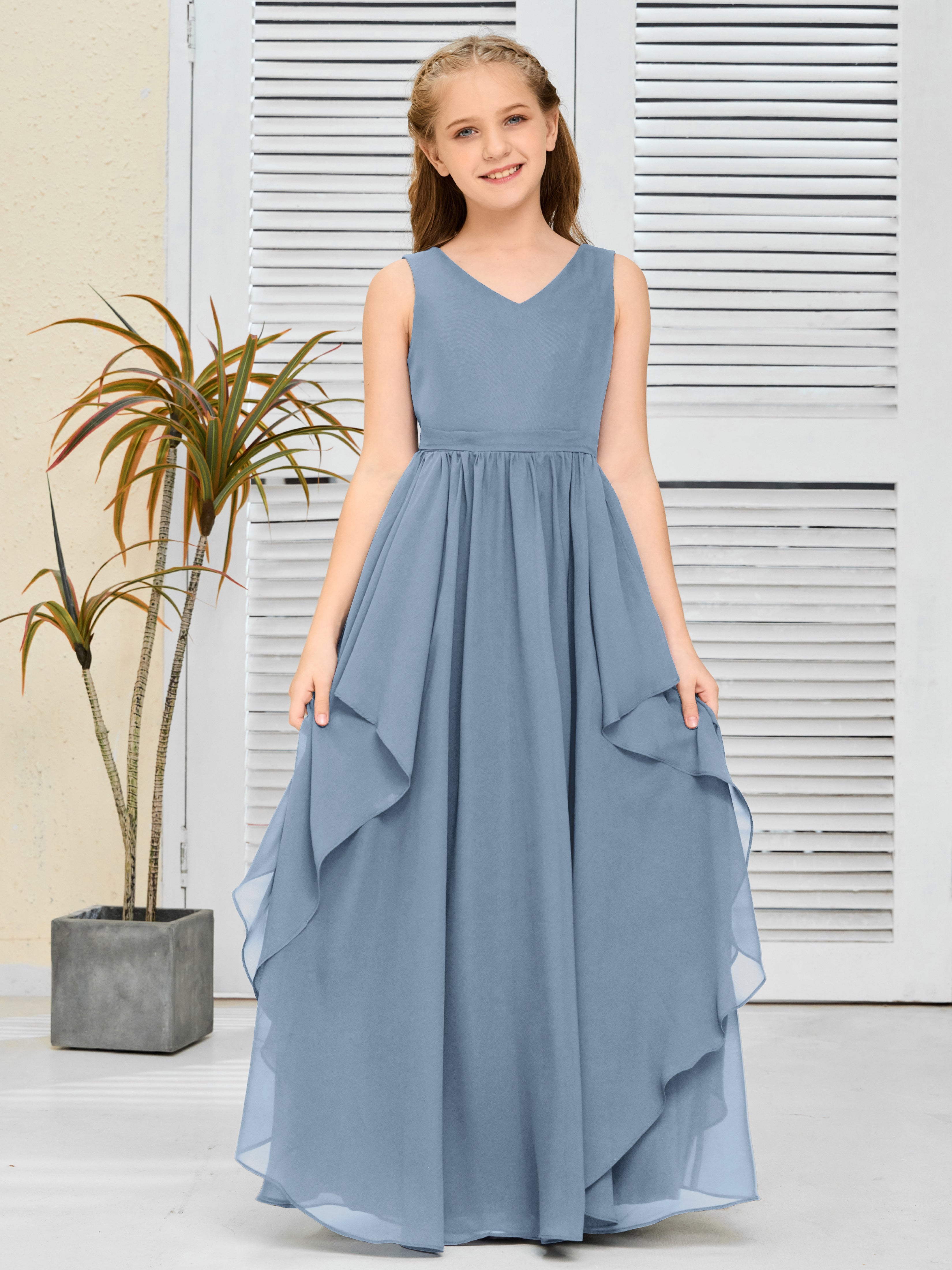 V-Neck Sleeveless Chiffon Junior Bridesmaid Dress