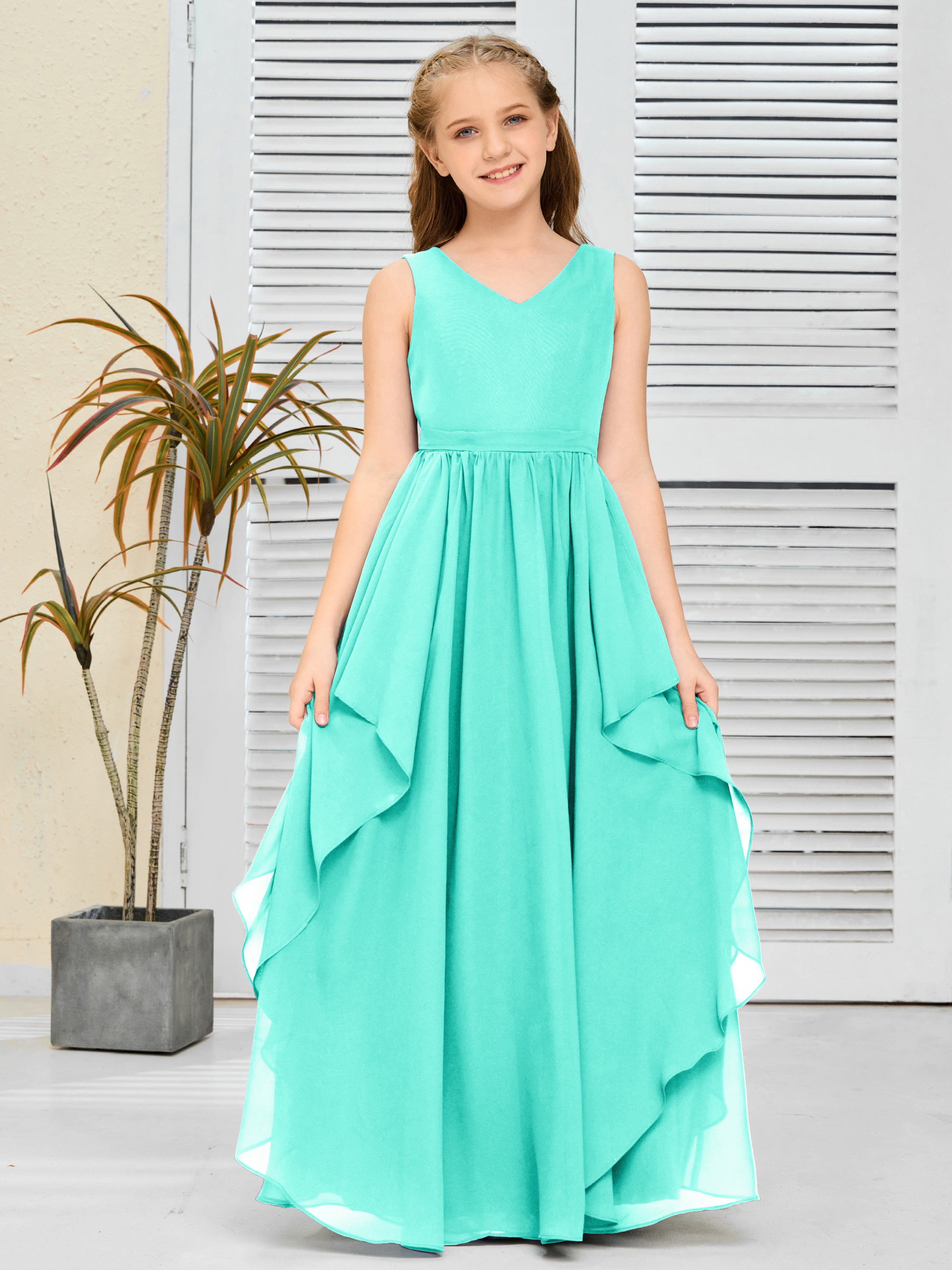 V-Neck Sleeveless Chiffon Junior Bridesmaid Dress