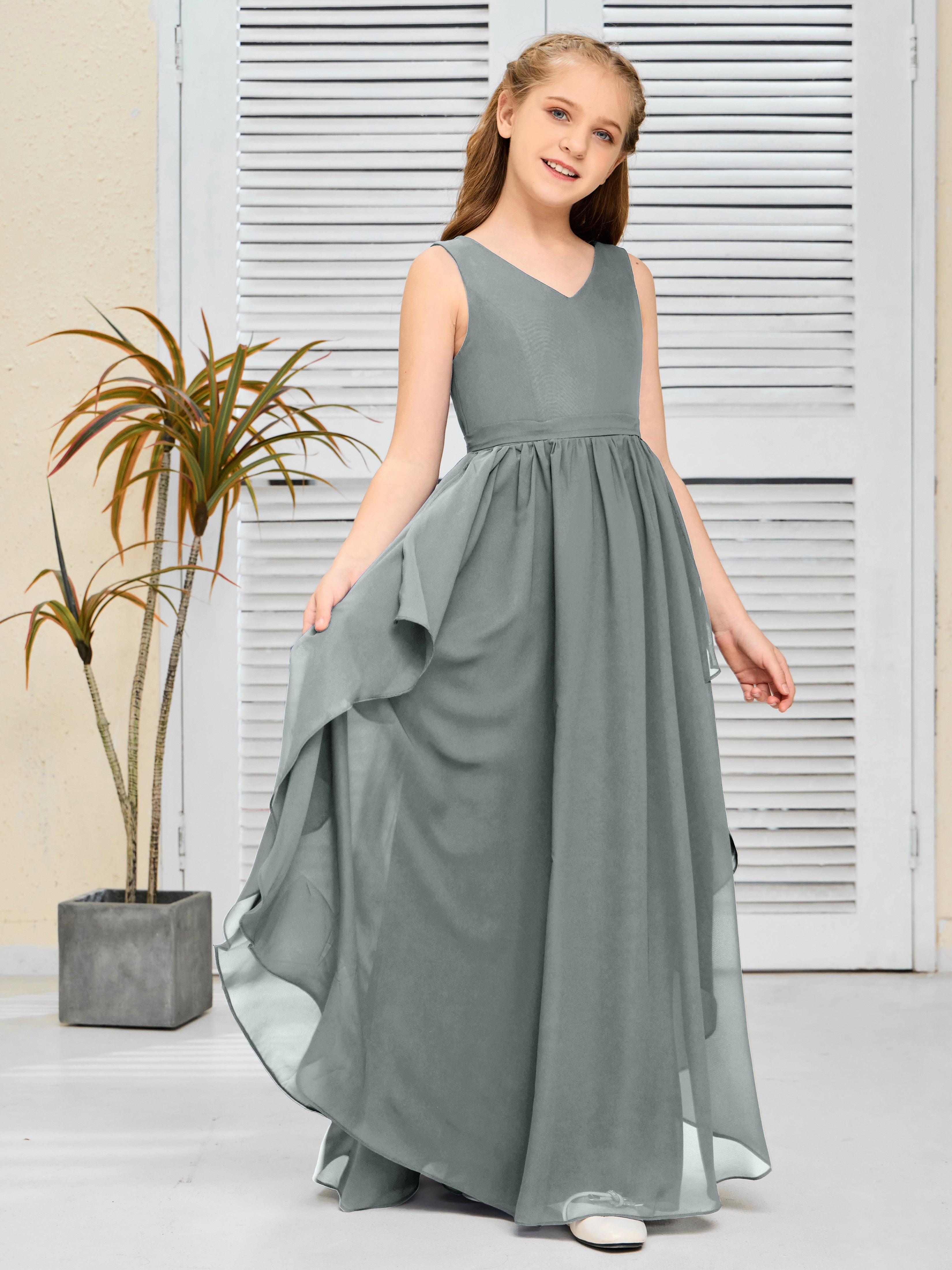 V Neck Sleeveless Chiffon Junior Bridesmaid Dress