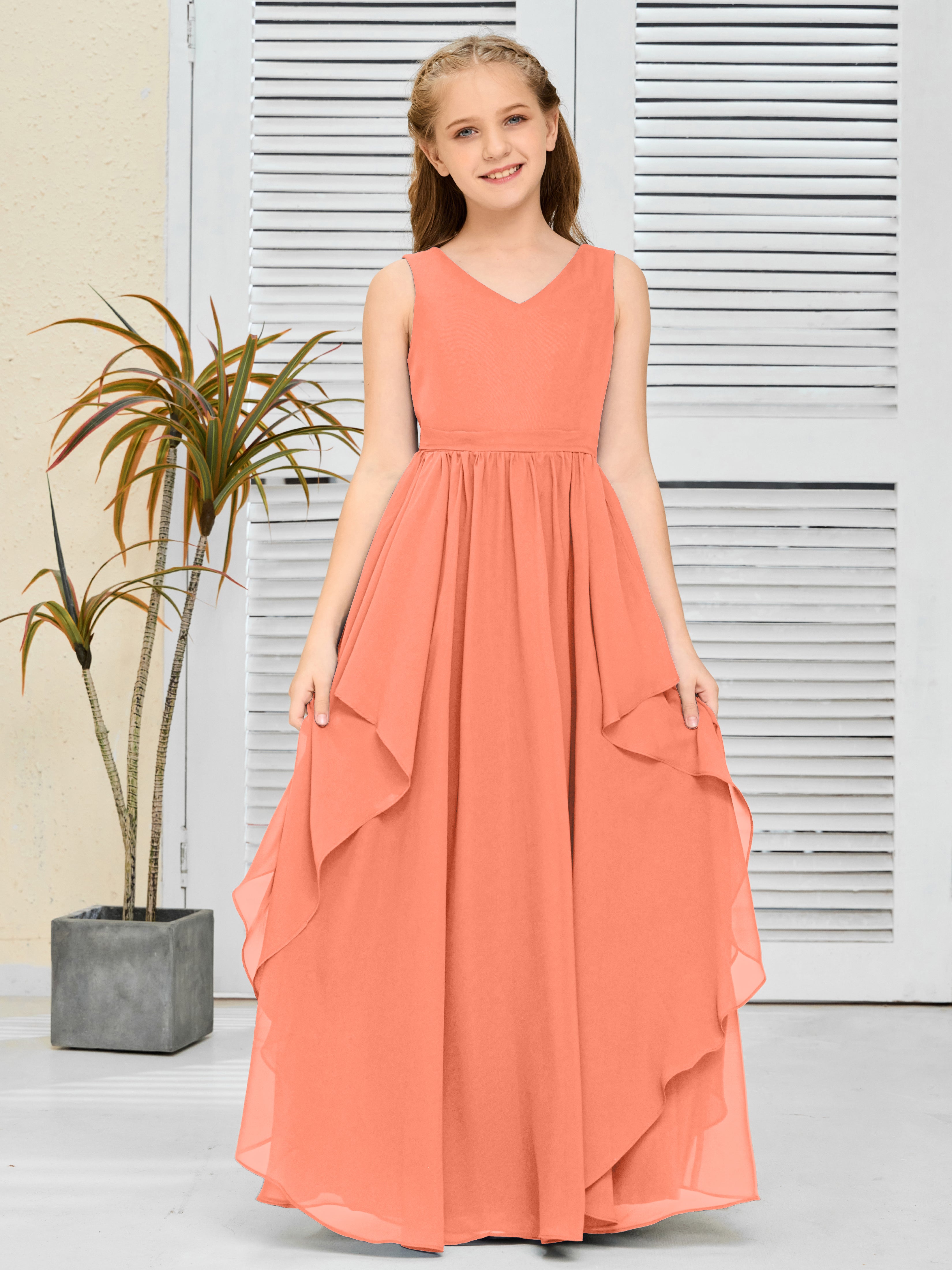 V-Neck Sleeveless Chiffon Junior Bridesmaid Dress