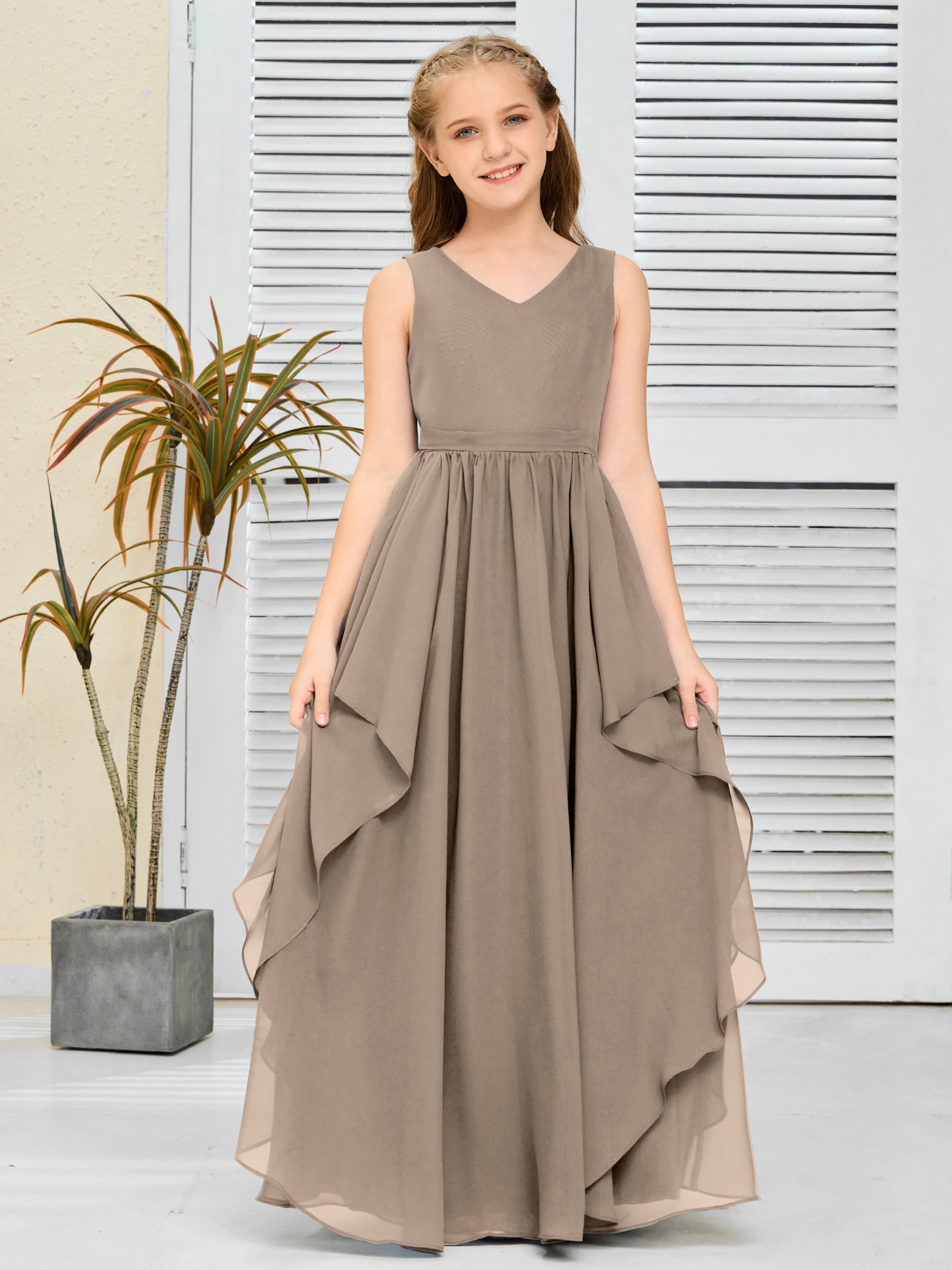 V-Neck Sleeveless Chiffon Junior Bridesmaid Dress