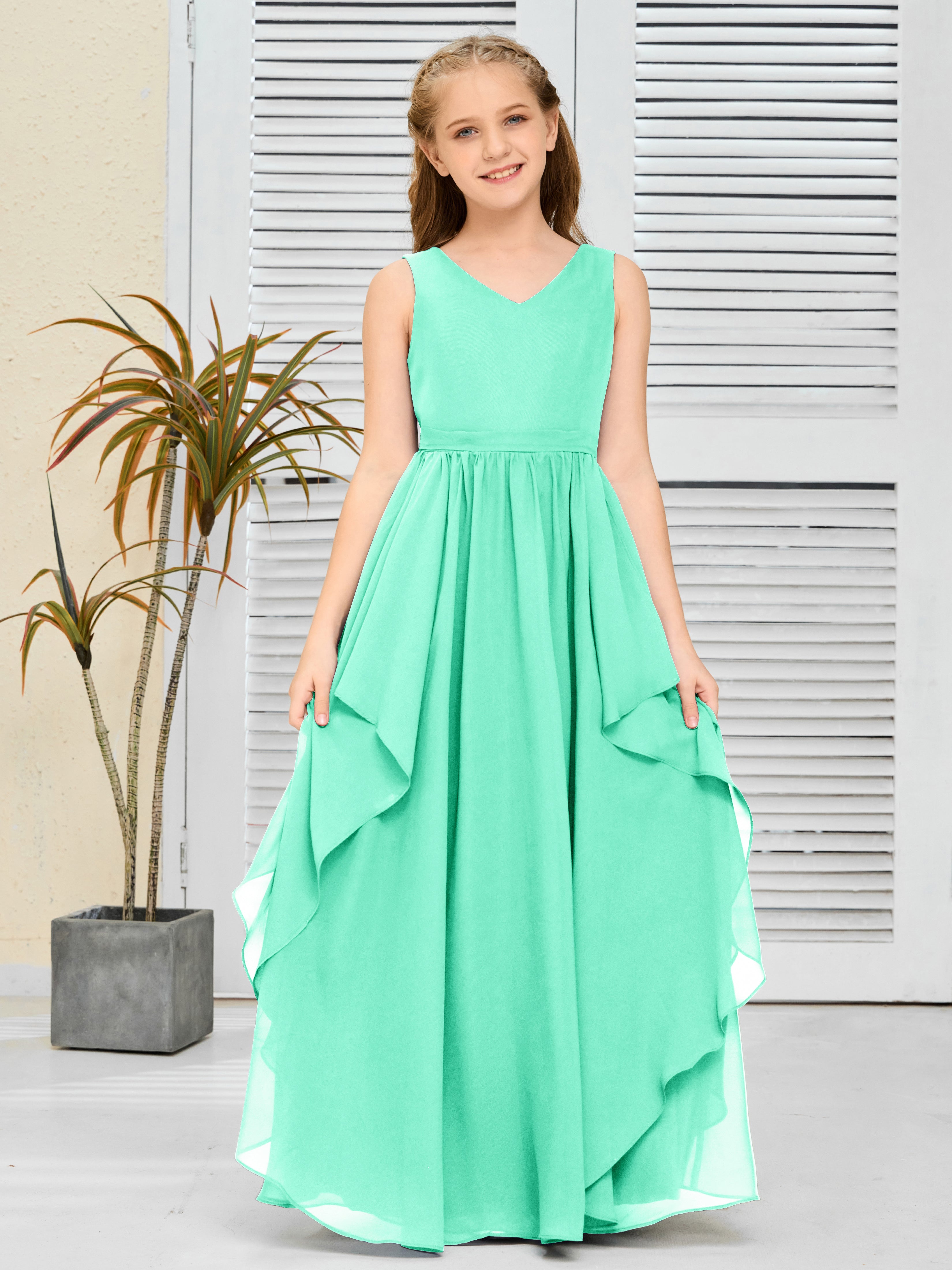 V-Neck Sleeveless Chiffon Junior Bridesmaid Dress