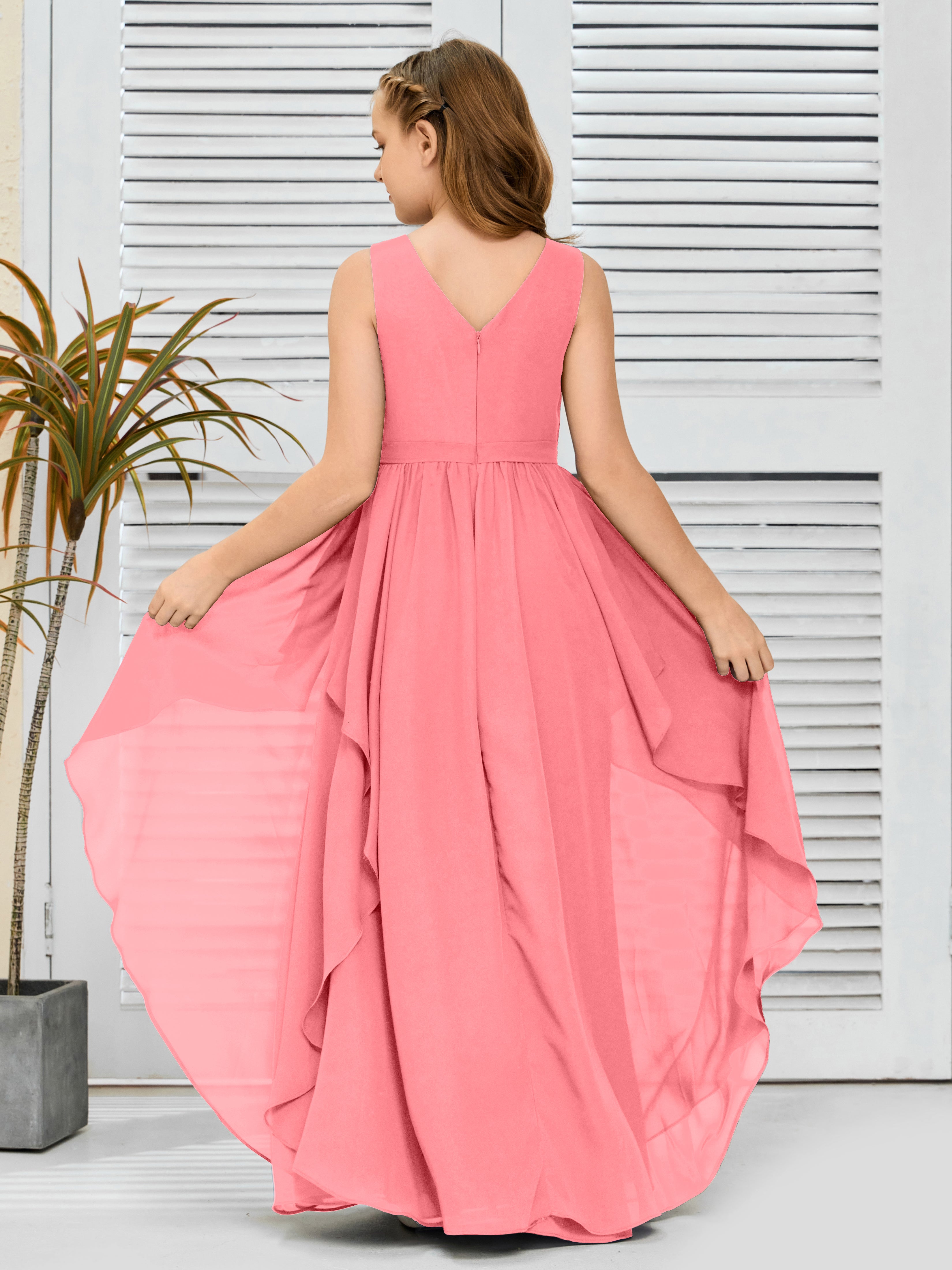 V-Neck Sleeveless Chiffon Junior Bridesmaid Dress