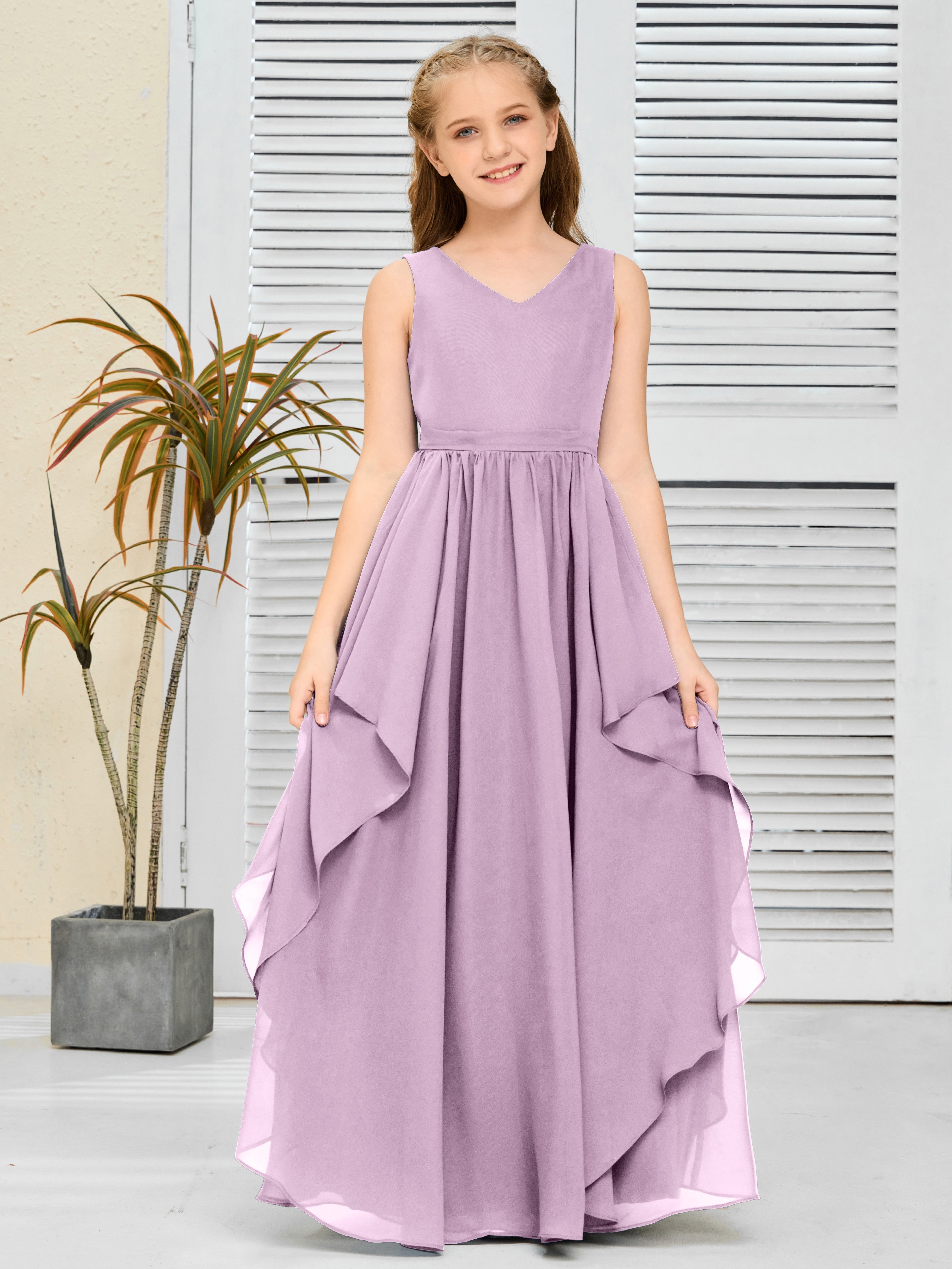 V-Neck Sleeveless Chiffon Junior Bridesmaid Dress