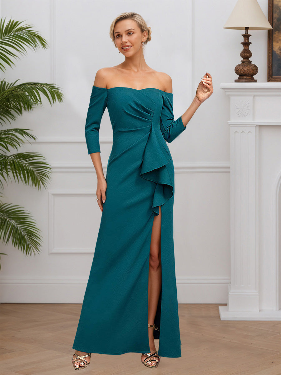 Cicinia Peacock Mother Of The Bride Dresses Stretch Fabric Sheath Off The Shoulder Evening Dresses