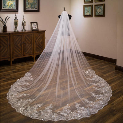 One-Tier Wedding Veil UK Lace Edge Tulle Cathedral Veils Sequin Appliques TS9016