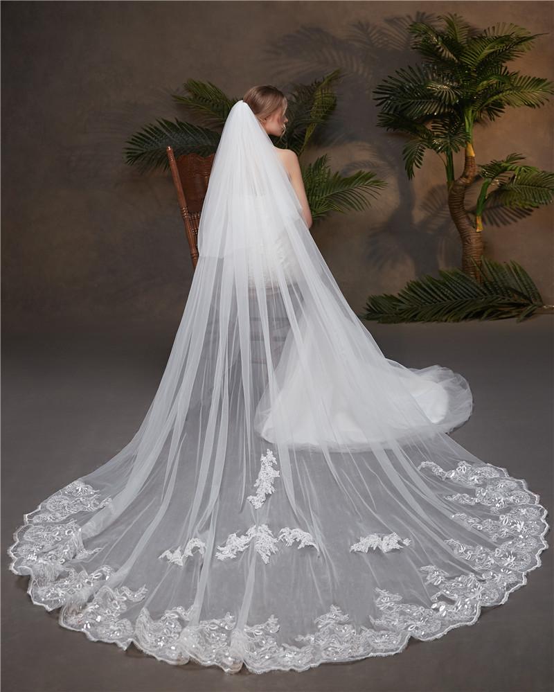 Two-Tier Wedding Veil UK Tulle Lace Edge Cathedral Veils Sequins Appli