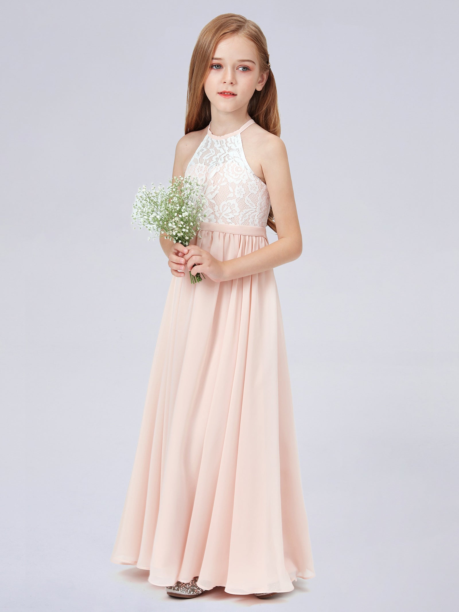 Halter Neck Lace Top Sleeveless Junior Bridesmaid Gown Champagne