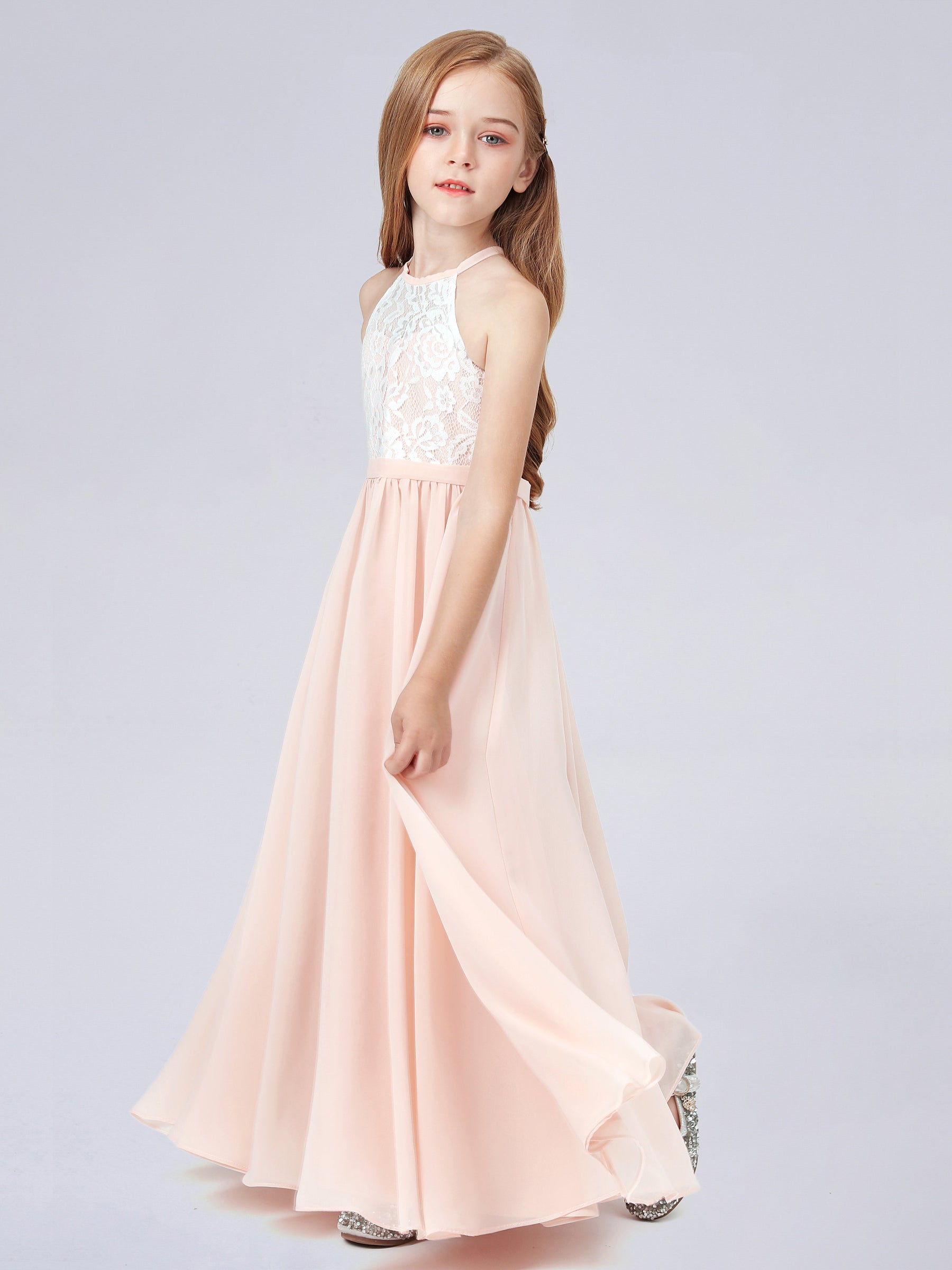 Halter Neck Lace Top Sleeveless Junior Bridesmaid Gown Orange