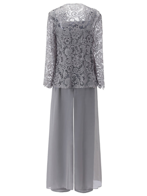 Cicinia Steel Grey Mother Of The Bride Dress Plus Size Long V-neck Lace Chiffon Ankle Length 3/4 Length Sleeves