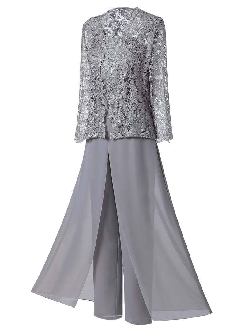 Cicinia Steel Grey Mother Of The Bride Dress Plus Size Long V-neck Lace Chiffon Ankle Length 3/4 Length Sleeves main image 1