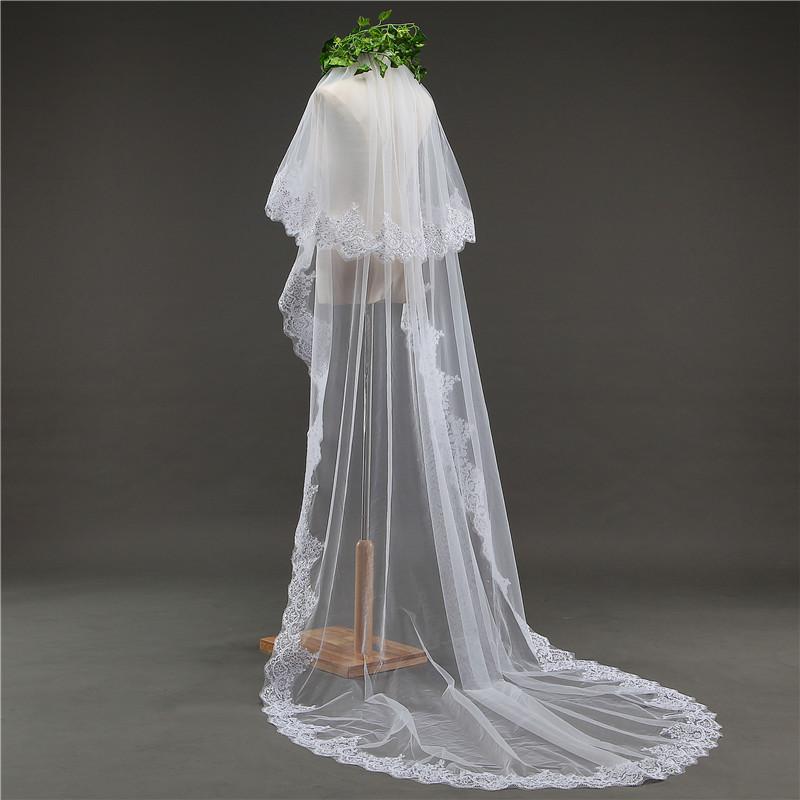 Two-Tier Wedding Veil UK Tulle Lace Edge Chapel Veils Sequins Applique