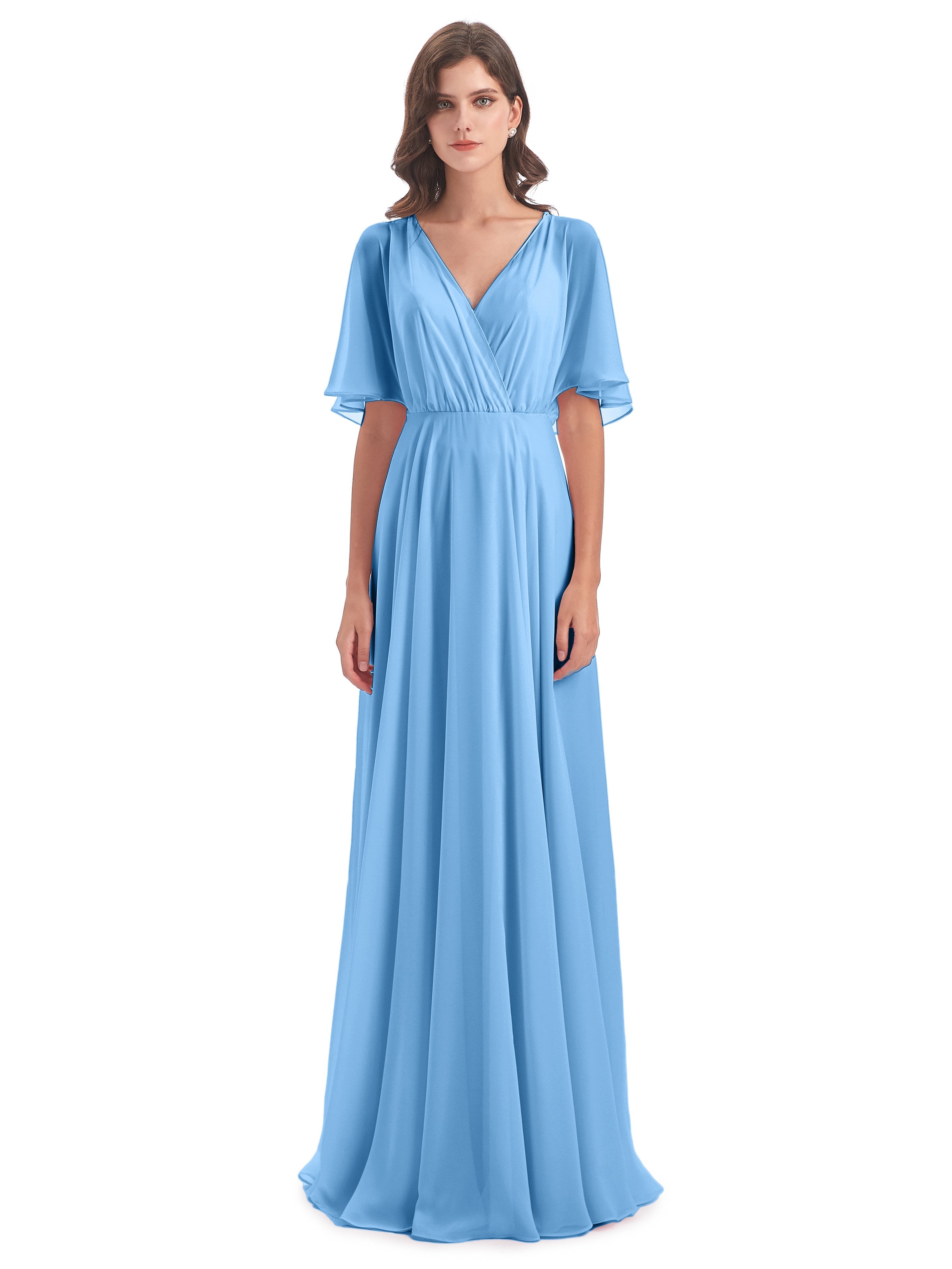 Ada Casual Chiffon A-line Short Sleeves Long Chiffon Bridesmaid Dresse