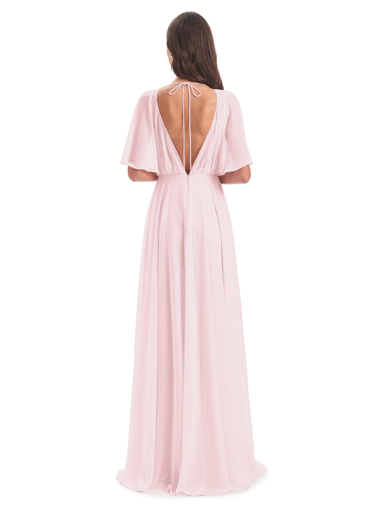 Ada Casual Chiffon A-line Short Sleeves Long Chiffon Bridesmaid Dresse