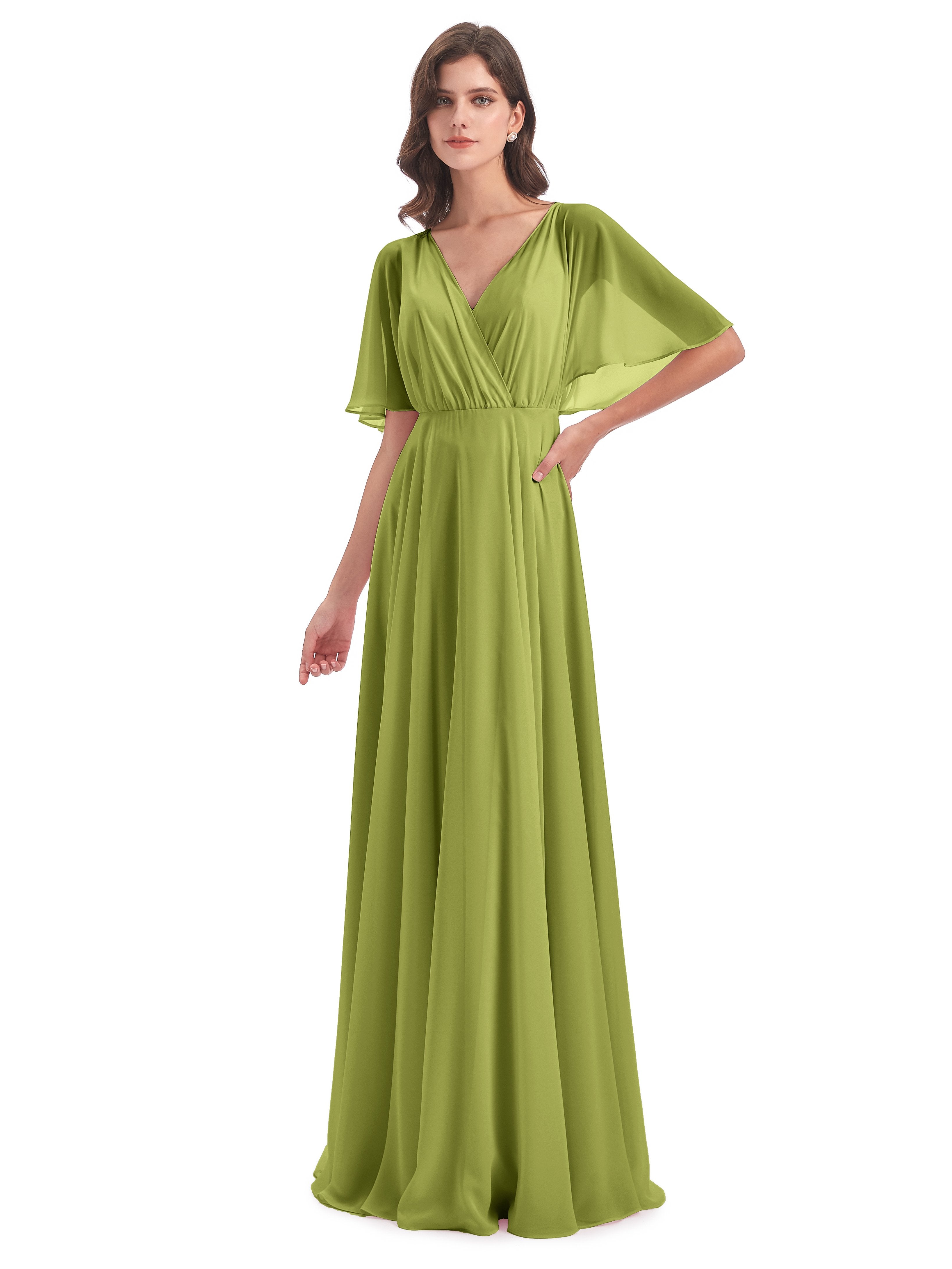 Ada Casual Chiffon A line Short Sleeves Long Chiffon Bridesmaid Dresse