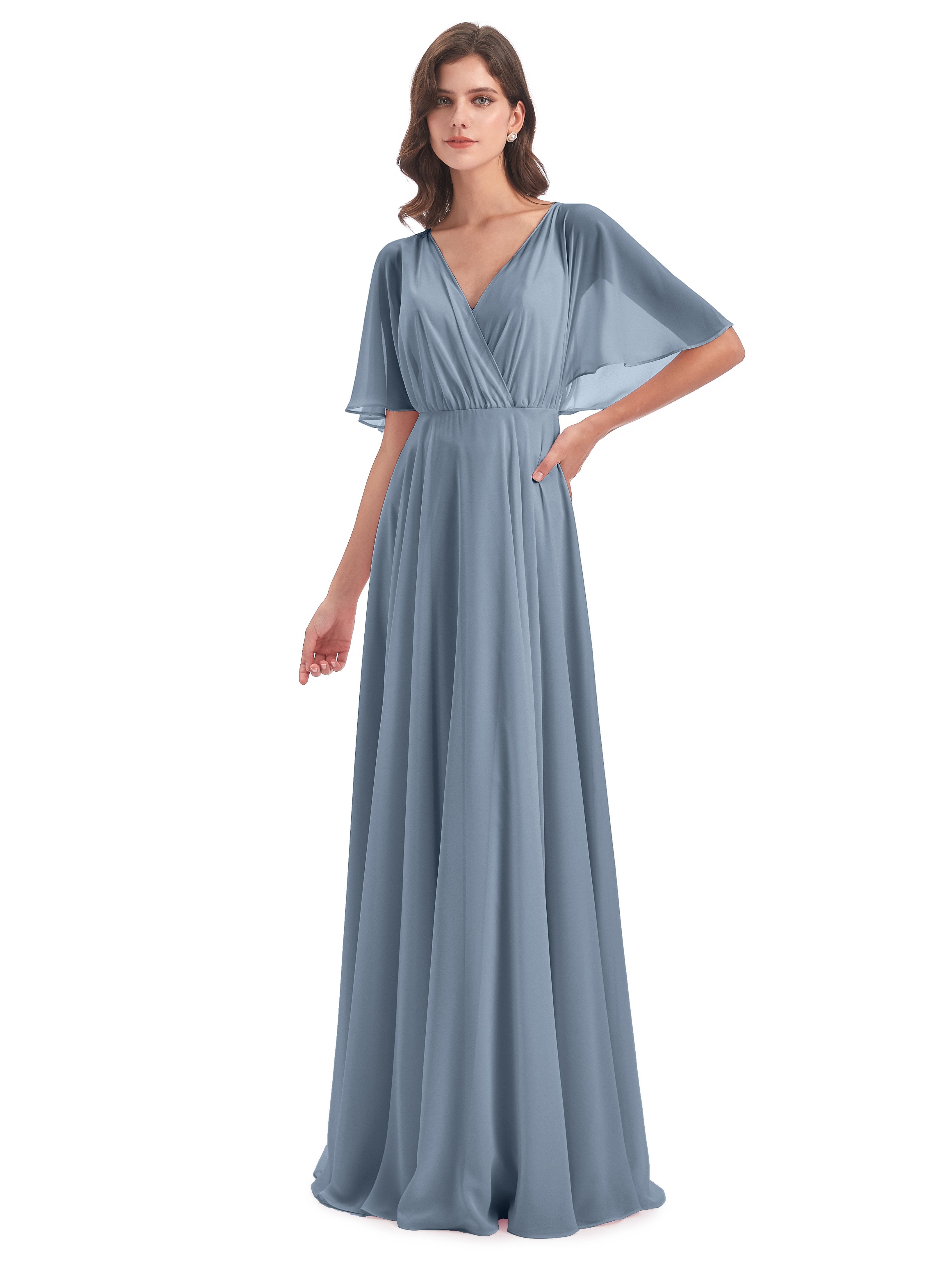 Ada Casual Chiffon A line Short Sleeves Long Chiffon Bridesmaid Dresses