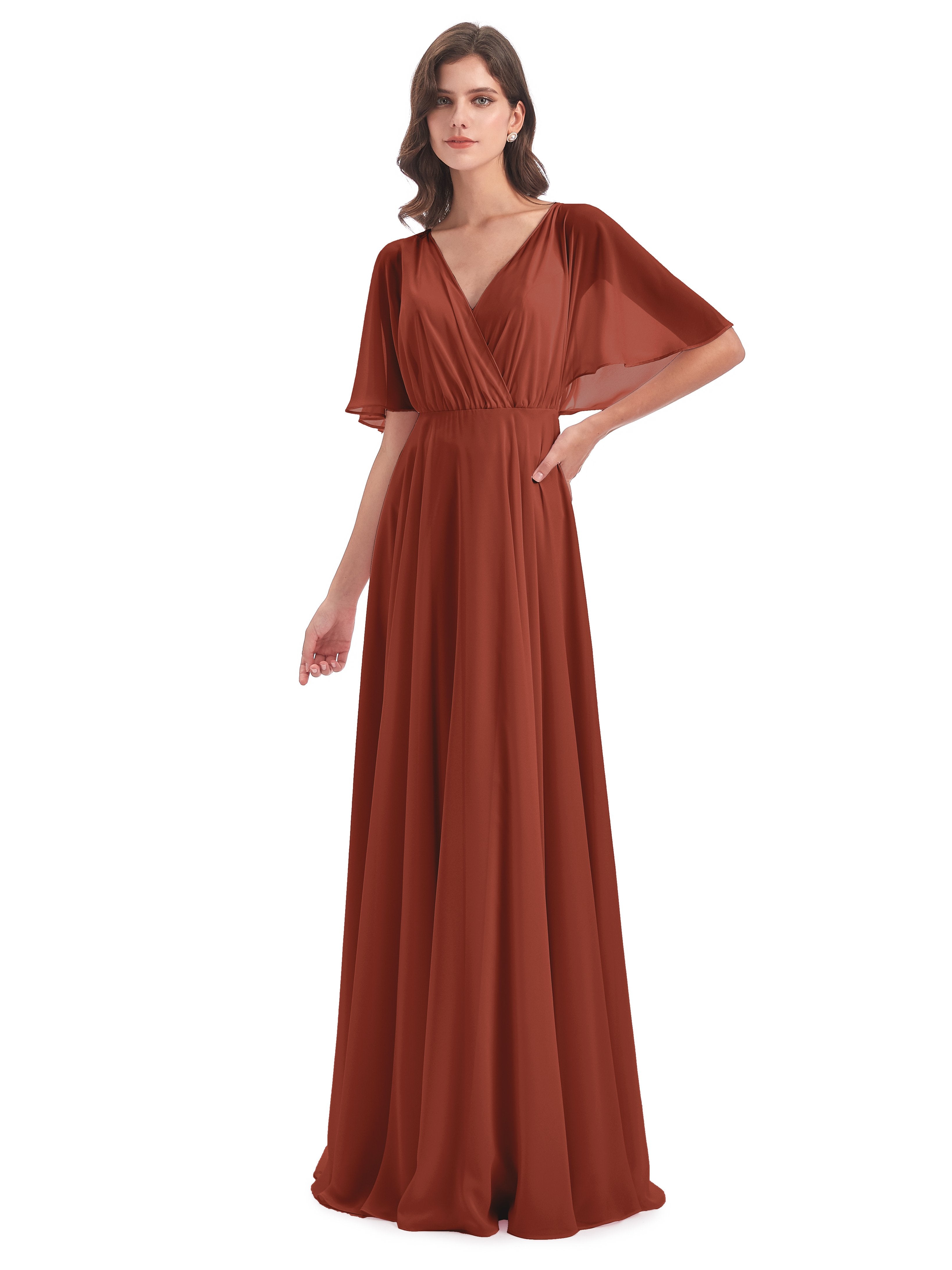 Ada Casual Chiffon A line Short Sleeves Long Chiffon Bridesmaid Dresse