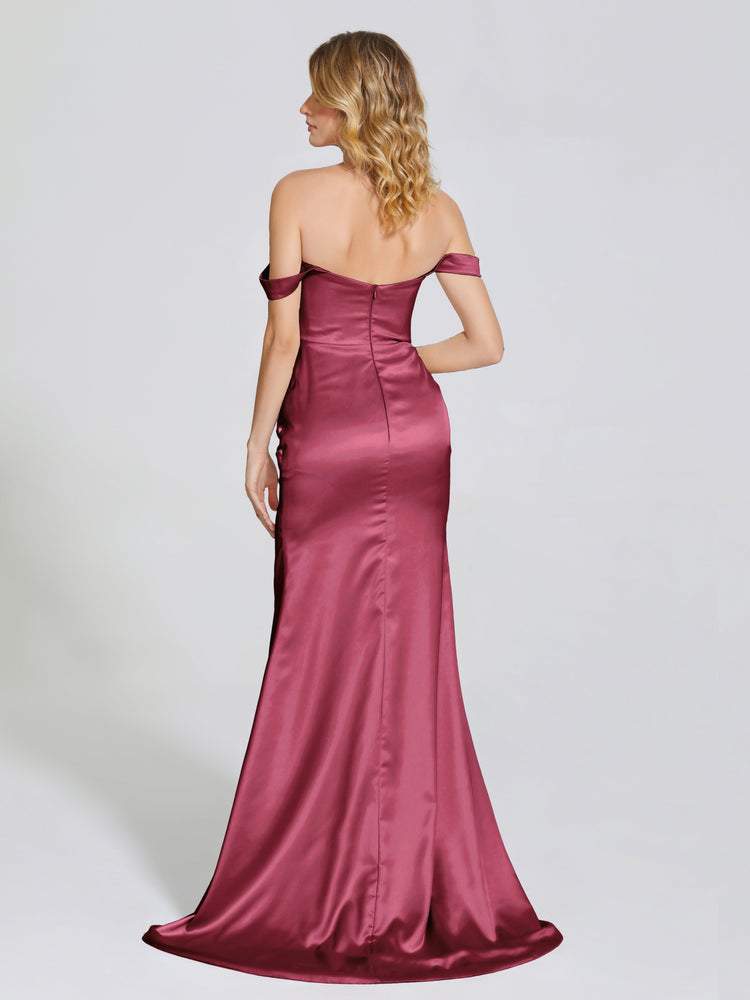 Off Shoulder Bow Bodice Acetate Satin Bridesmaid Dress With Split - Grey main image 1