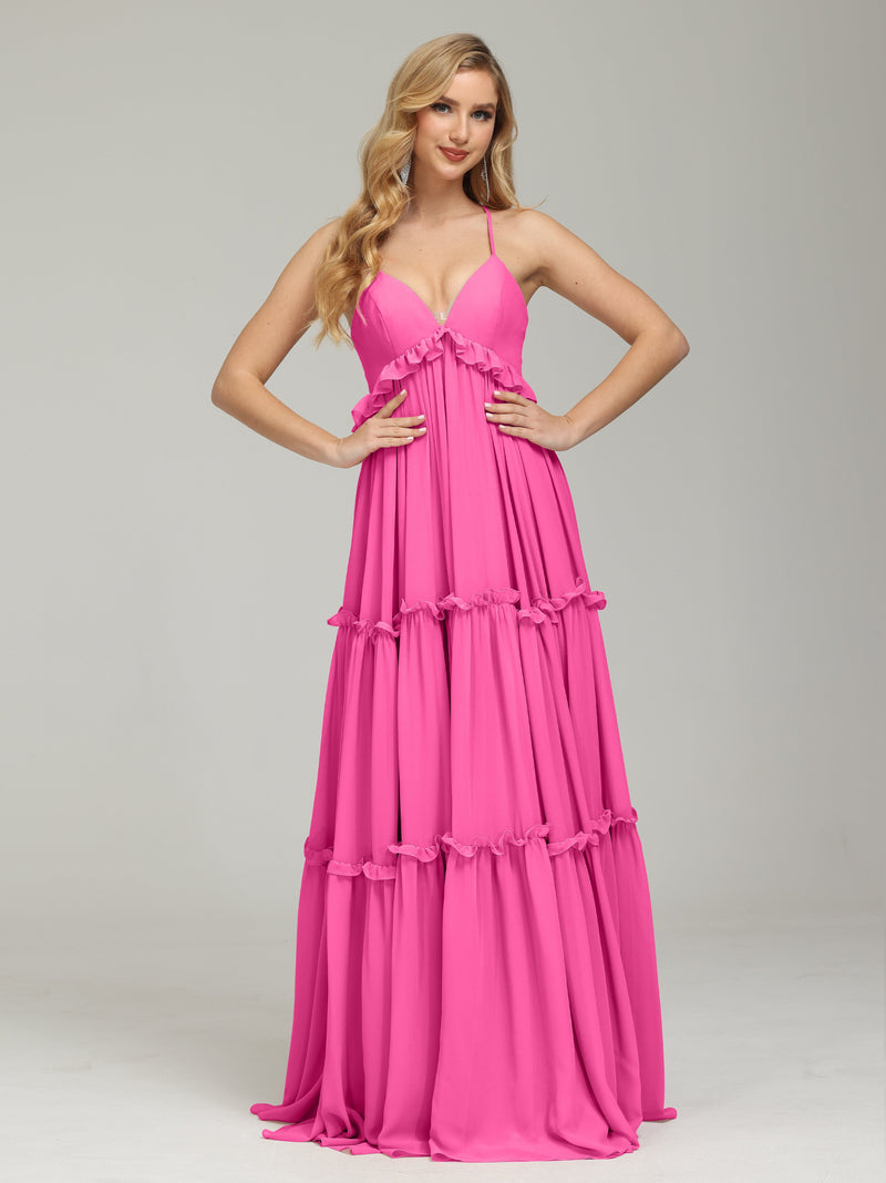 V-neck Empire Floor-length Gown with Lace Pleating Azalea