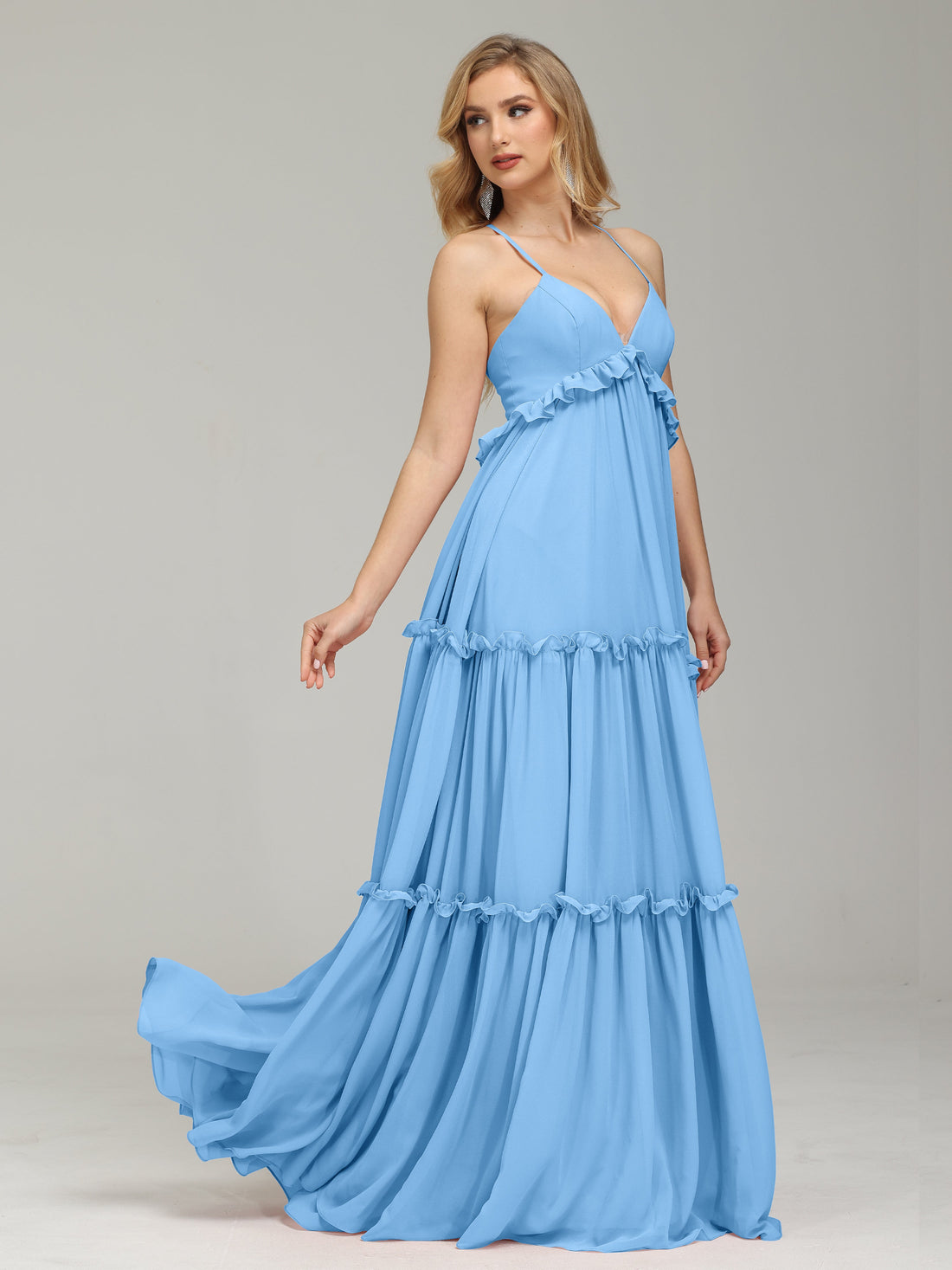 V-neck Empire Floor-length Gown with Lace Pleating Blushing Pink main image 0