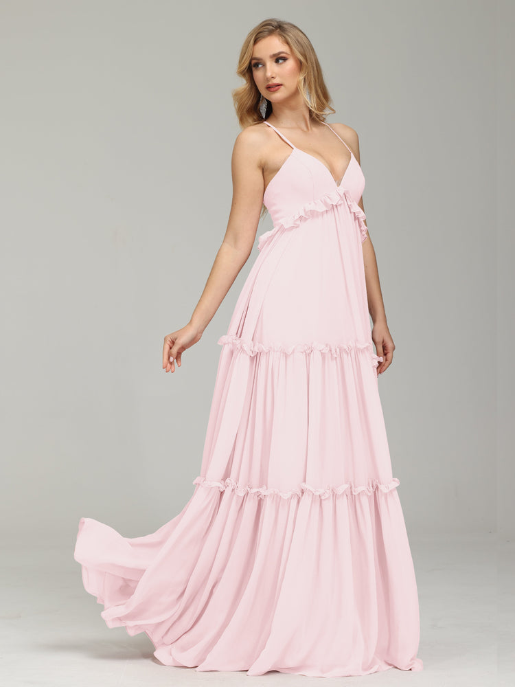 A-Line Straps V-Neck Empire Waist Lace Appliques Ruffles Prom Dress main image 1