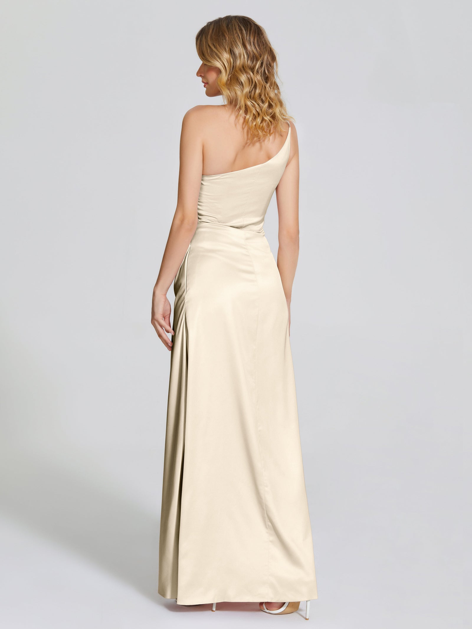 Elegant Azalea One Shoulder Side Slit Long Satin Bridesmaid Dresses Online, BG452 main image 1