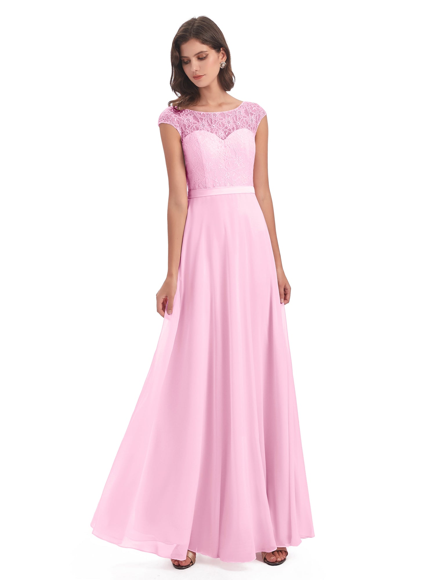 Elegant Long Illusion Neck Bridesmaid Dress with Lace Cap Sleeves TBQP364