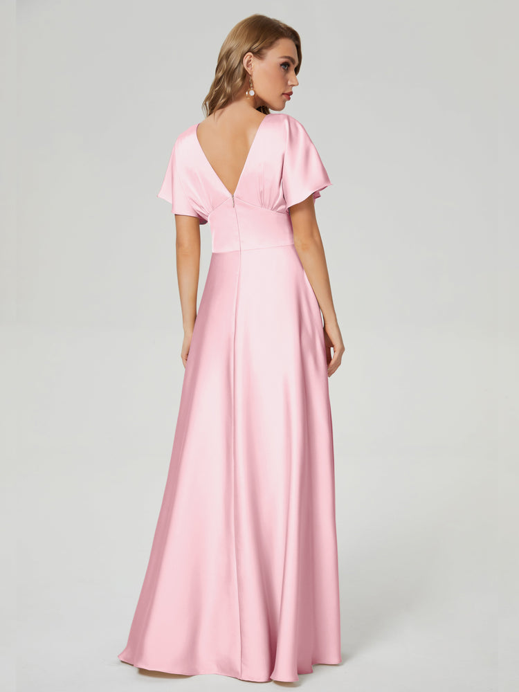 V-neck Short Sleeves Soft Satin Prom Dress