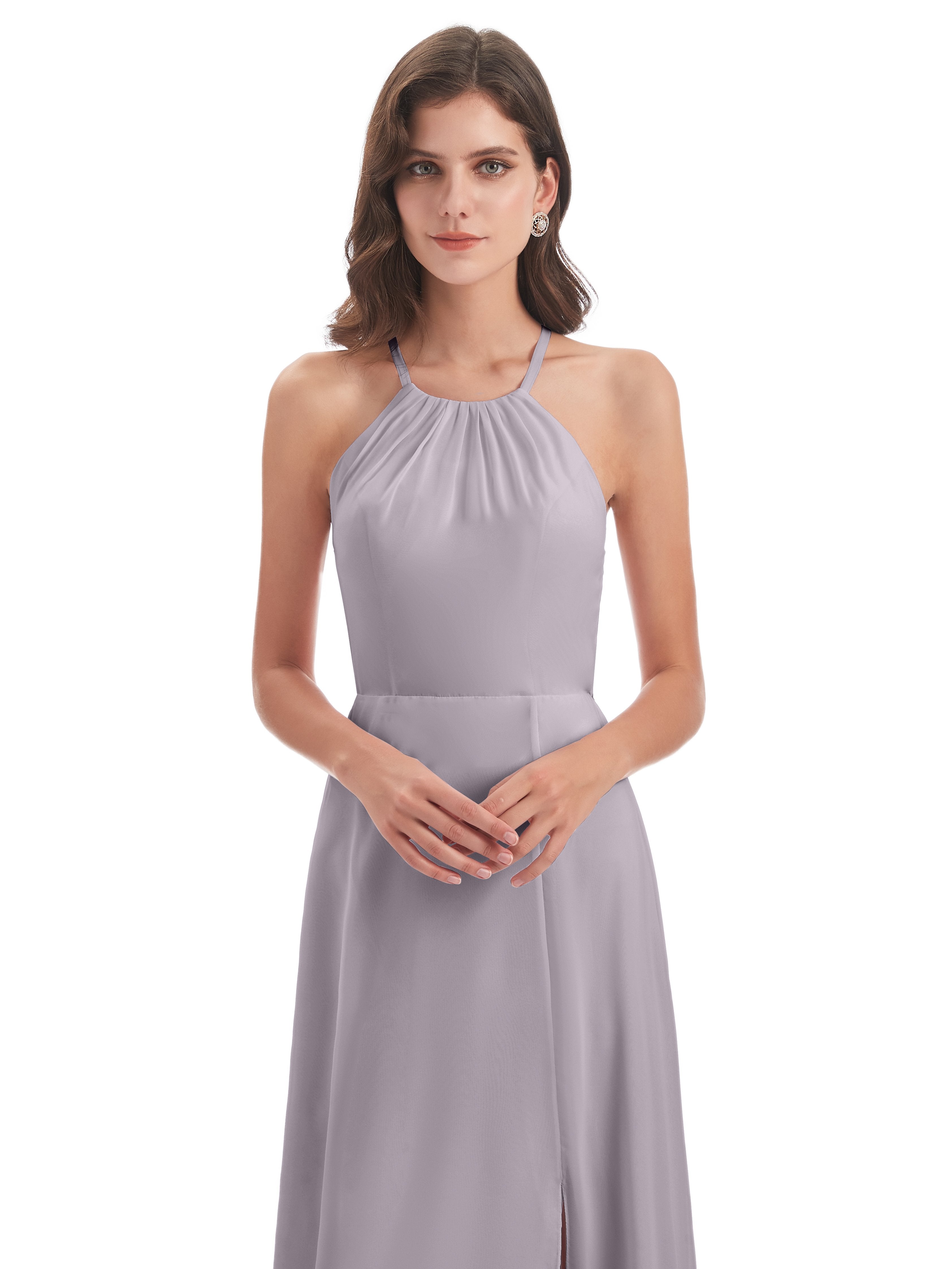 Ayla Modern Chiffon Sheath Column Halter Long Bridesmaid Dresses