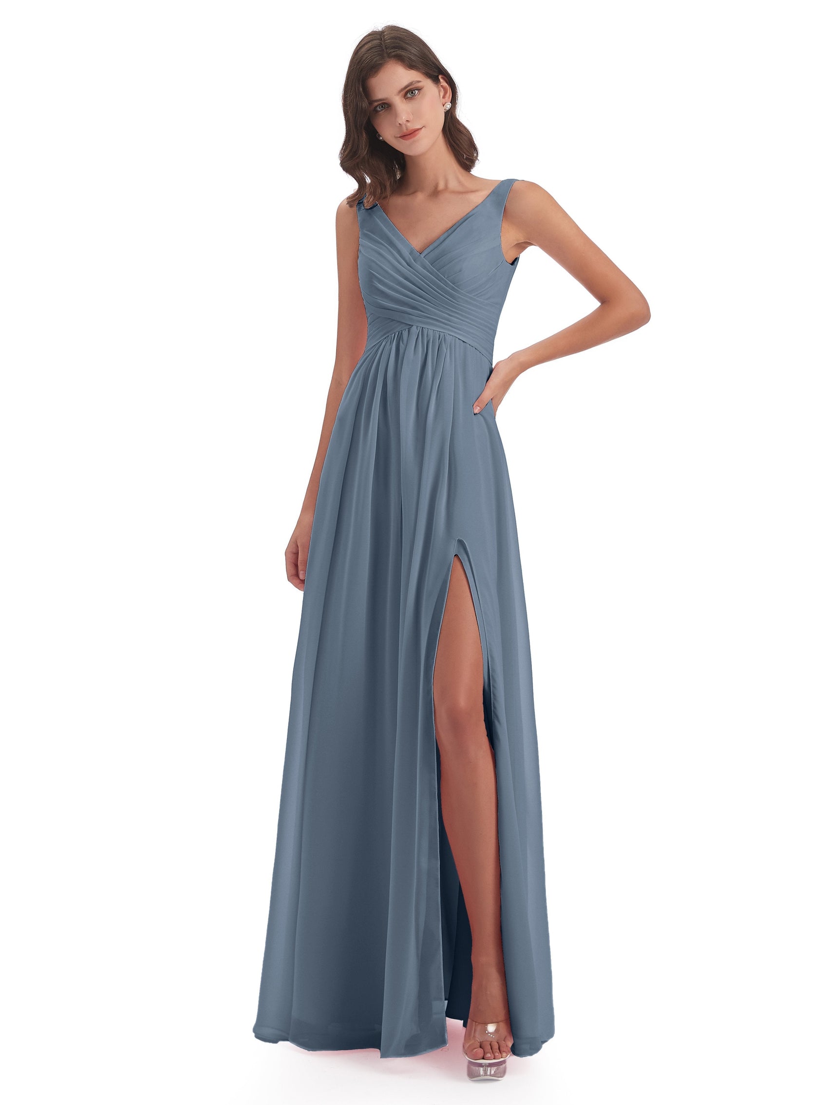 Blue Mother Of The Bride Dress Sheath/Column Sleeveless V Neck Long Mother Of The Bride Dress