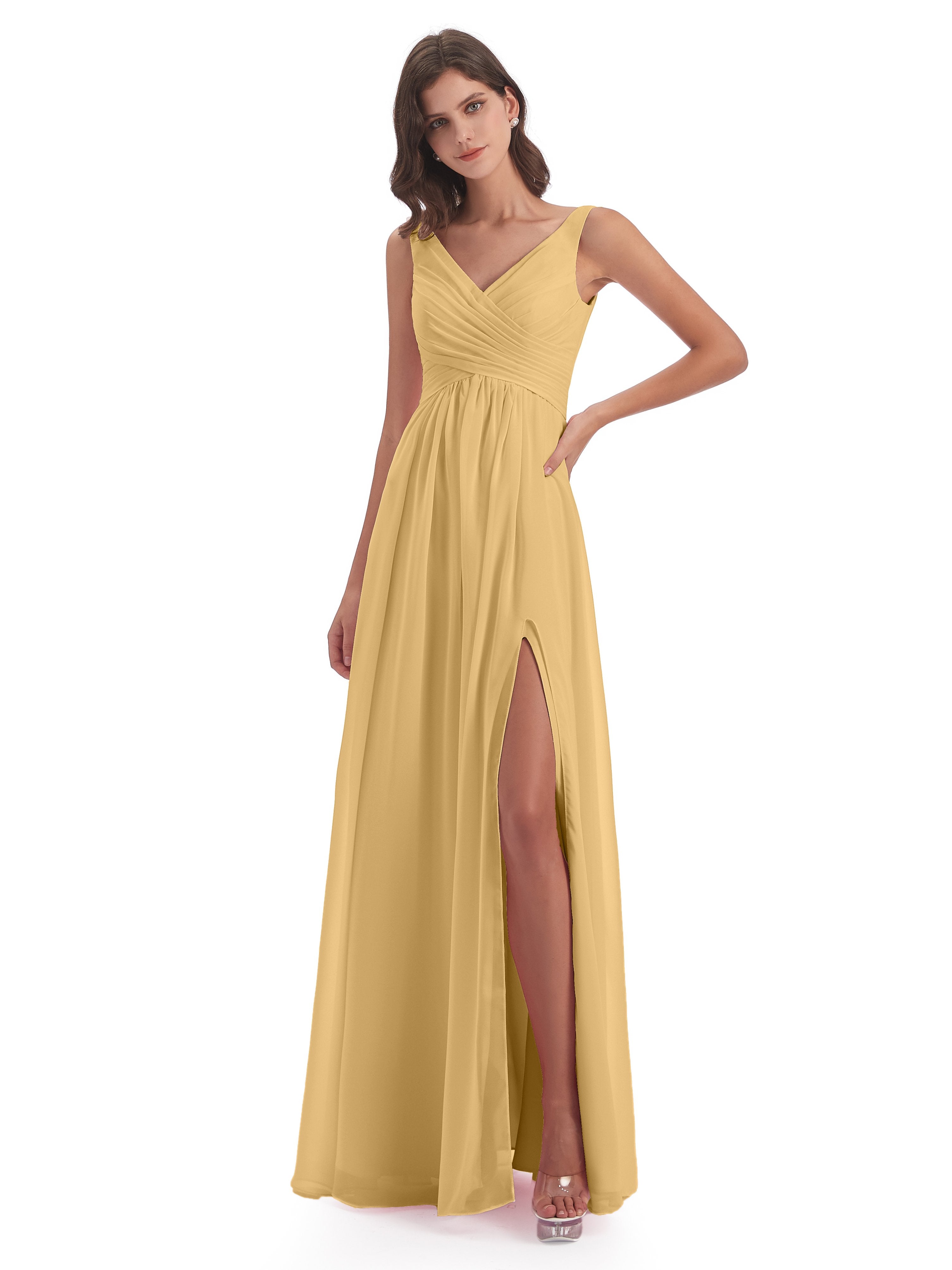 Column V-neck Long Mother of the Bride Dresses