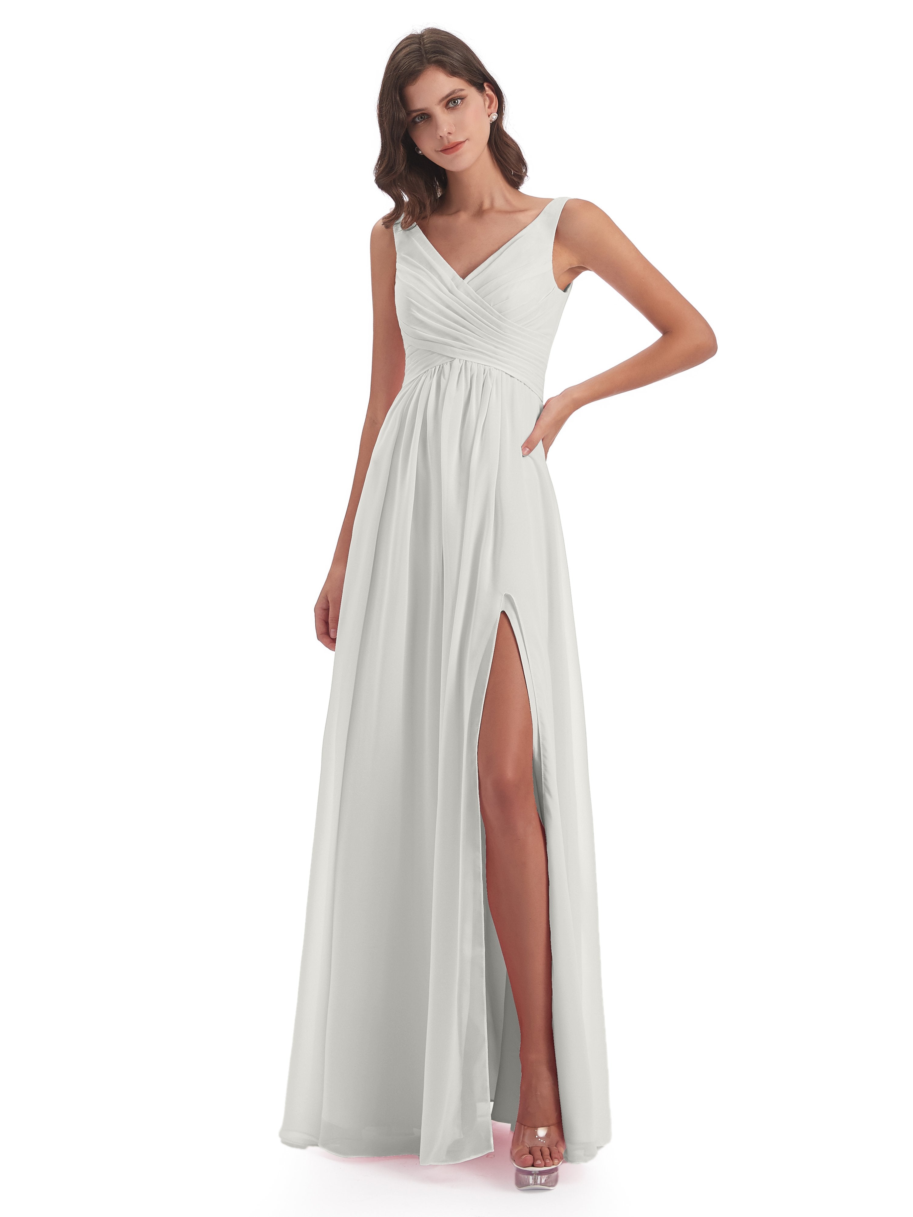 Column V-neck Long Mother of the Bride Dresses