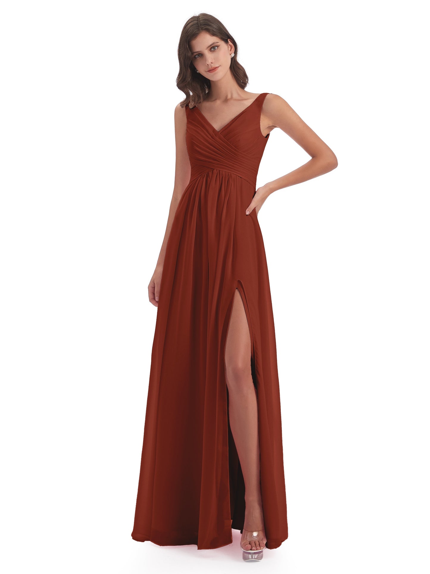 Column V-neck Long Mother of the Bride Dresses