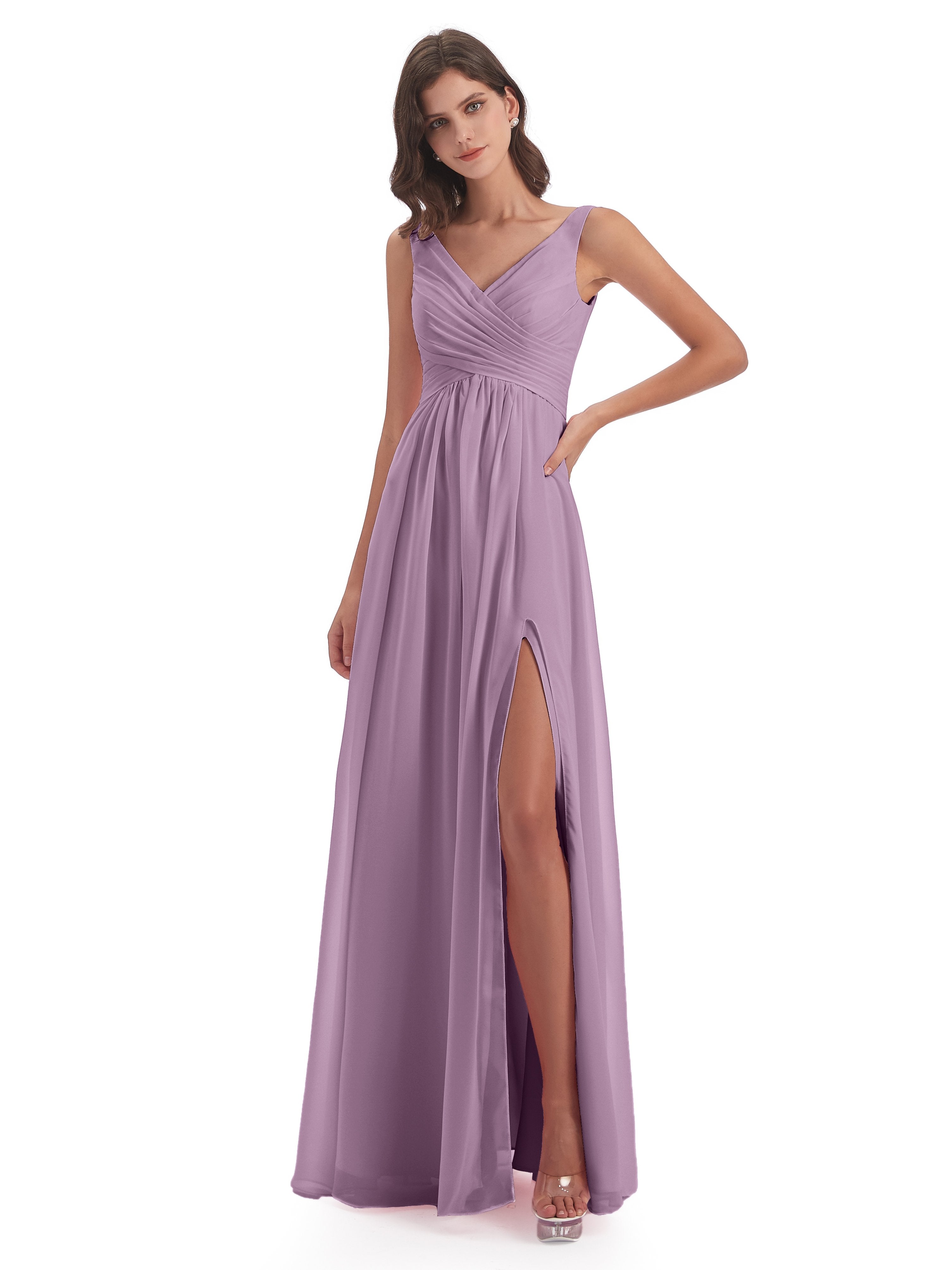 Column V-neck Long Mother of the Bride Dresses